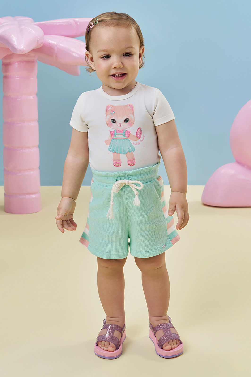 Conjunto de body em cotton e shorts em malha waffle 95349 Kukiê Bebê Menina