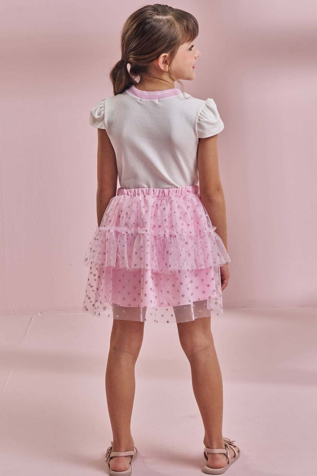 Conjunto de blusa em cotton e saia em tule glitter estrelas (com shorts embutido) 96790 Kukiê Infantil Menina Conjunto de blusa em cotton e saia em tule glitter estrelas (com shorts embutido) 96790 Kukiê Infantil Menina