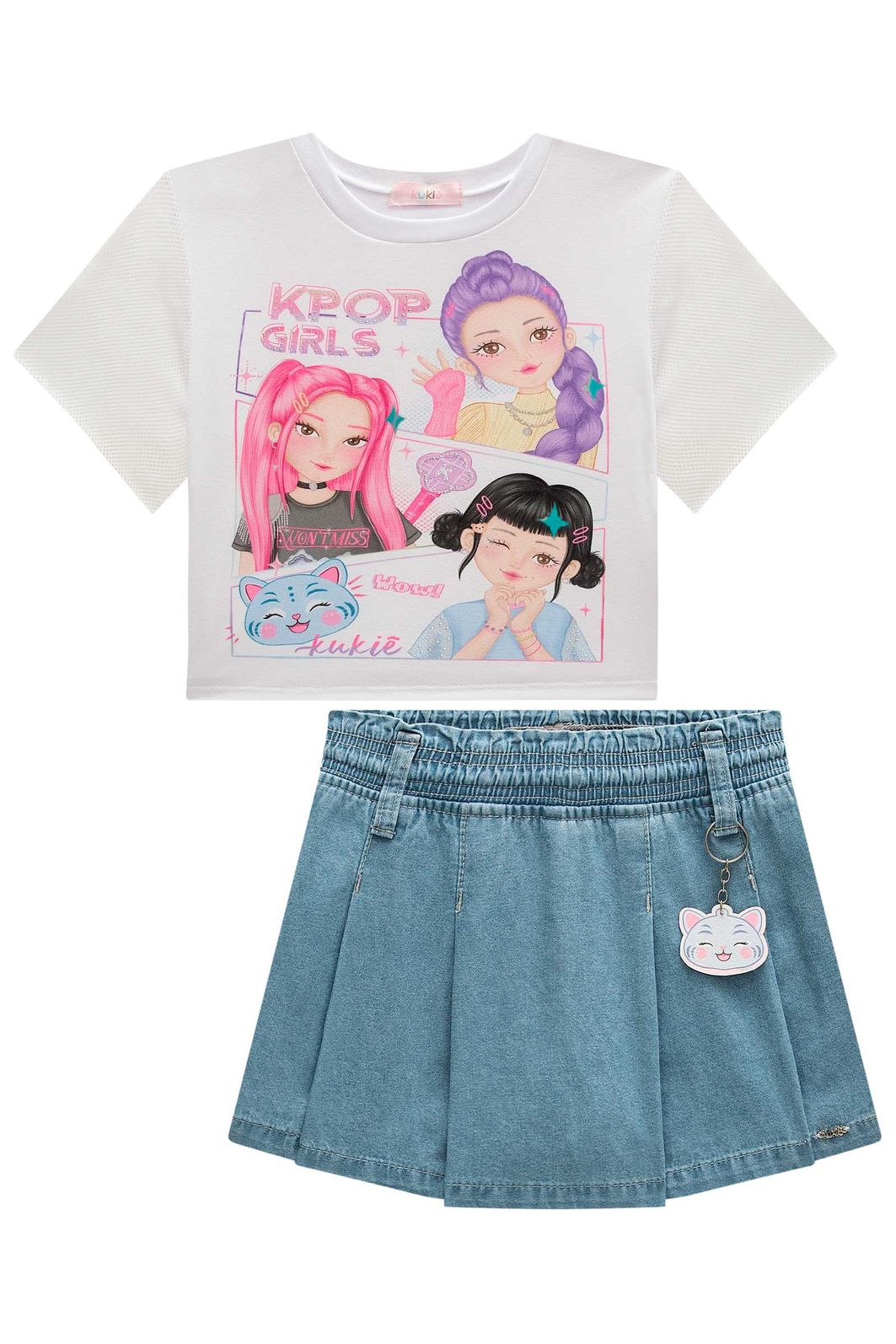 Conjunto de blusa em meia malha e short saia em jeans 98758 Kukiê Infantil Menina