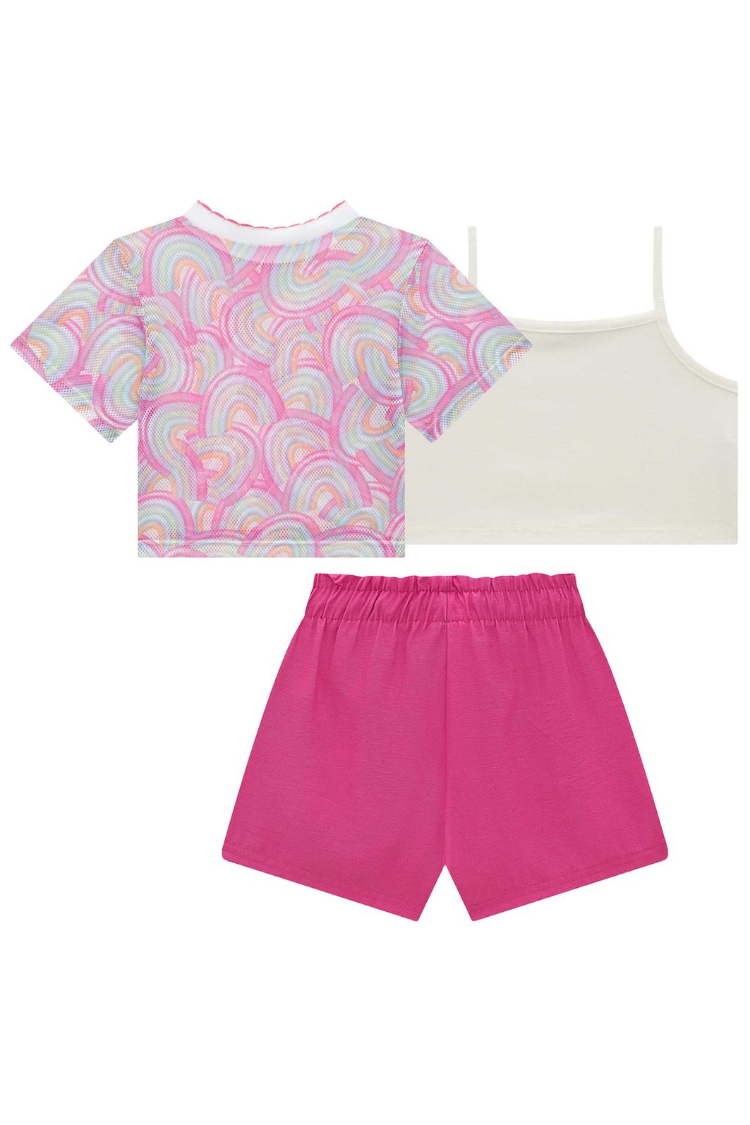 Trio de top em ribana canelada, blusa em tela fashion e shorts em cupro 93253 Infanti Infantil Menina Trio de top em ribana canelada, blusa em tela fashion e shorts em cupro 93253 Infanti Infantil Menina