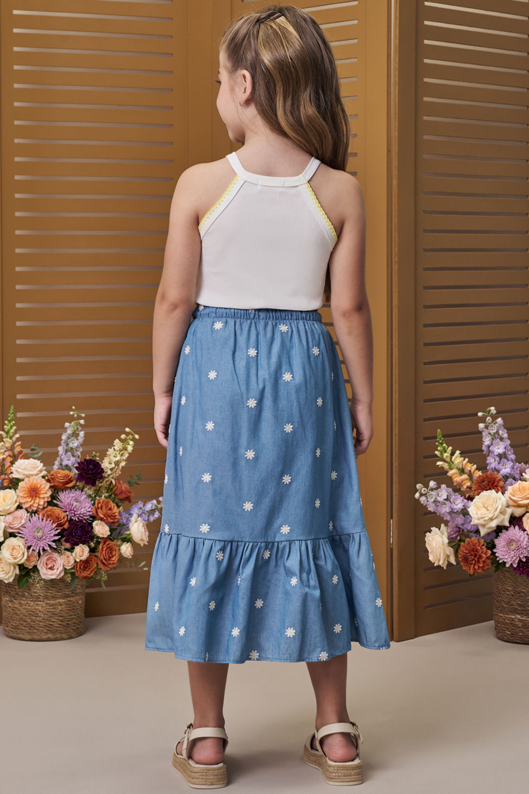 Conjunto de regata em canelado liz com saia midi em denim bordado 96208 Infanti Infantil Menina