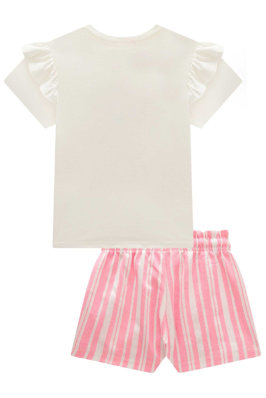 Conjunto de blusa em meia malha e shorts em linho listrado 99447 Kukiê Infantil Menina