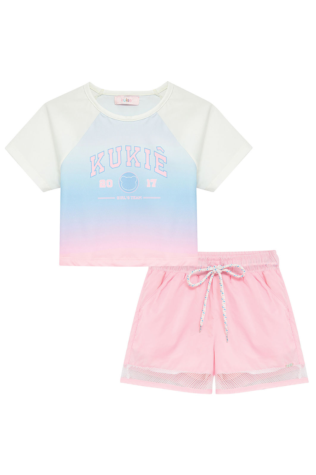Conjunto de blusa em malha com proteção UV50+ e shorts em air tech e tela 96958 Kukiê Infantil Menina Conjunto de blusa em malha com proteção UV50+ e shorts em air tech e tela 96958 Kukiê Infantil Menina