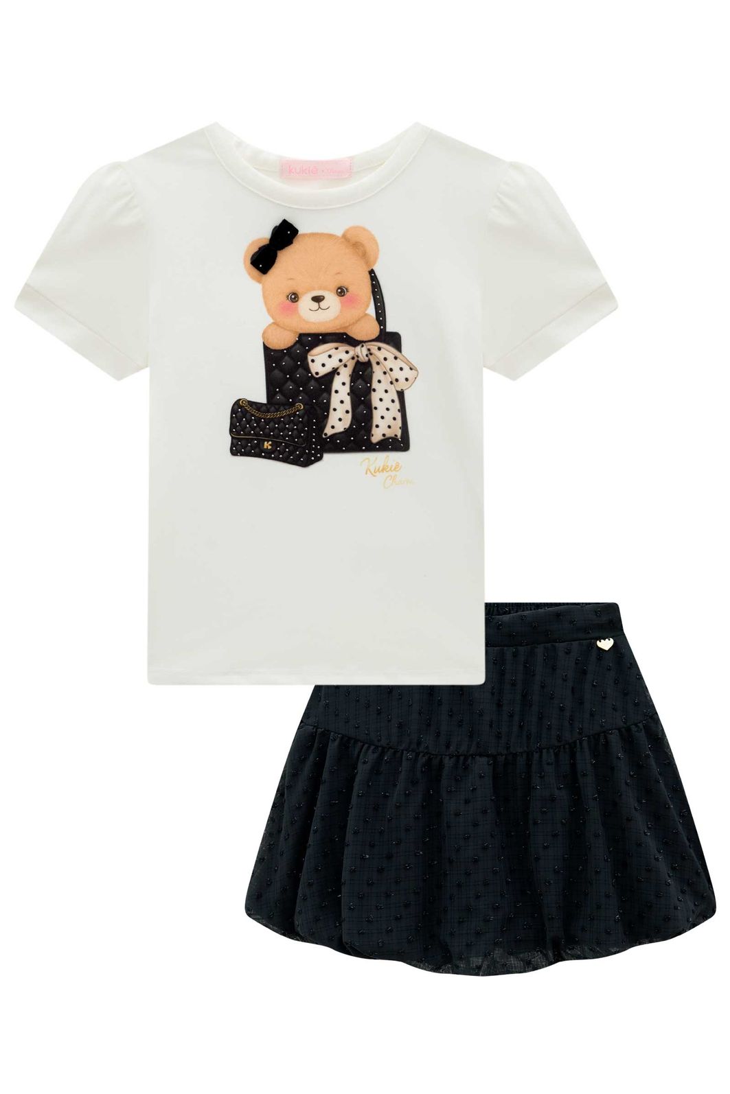 Conjunto de blusa em cotton e saia em chiffon shine (com shorts embutido) 99650 Kukiê Infantil Menina Conjunto de blusa em cotton e saia em chiffon shine (com shorts embutido) 99650 Kukiê Infantil Menina