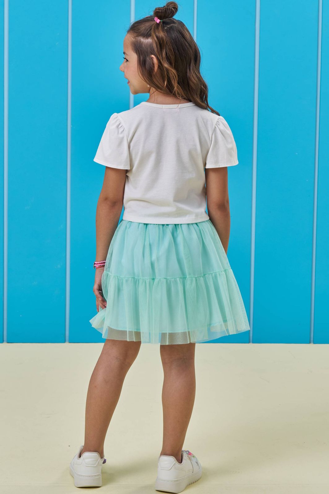 Conjunto de blusa em mela malha e saia em tule com elastano com shorts embutido 93633 Kukiê Infantil Menina Conjunto de blusa em mela malha e saia em tule com elastano com shorts embutido 93633 Kukiê Infantil Menina