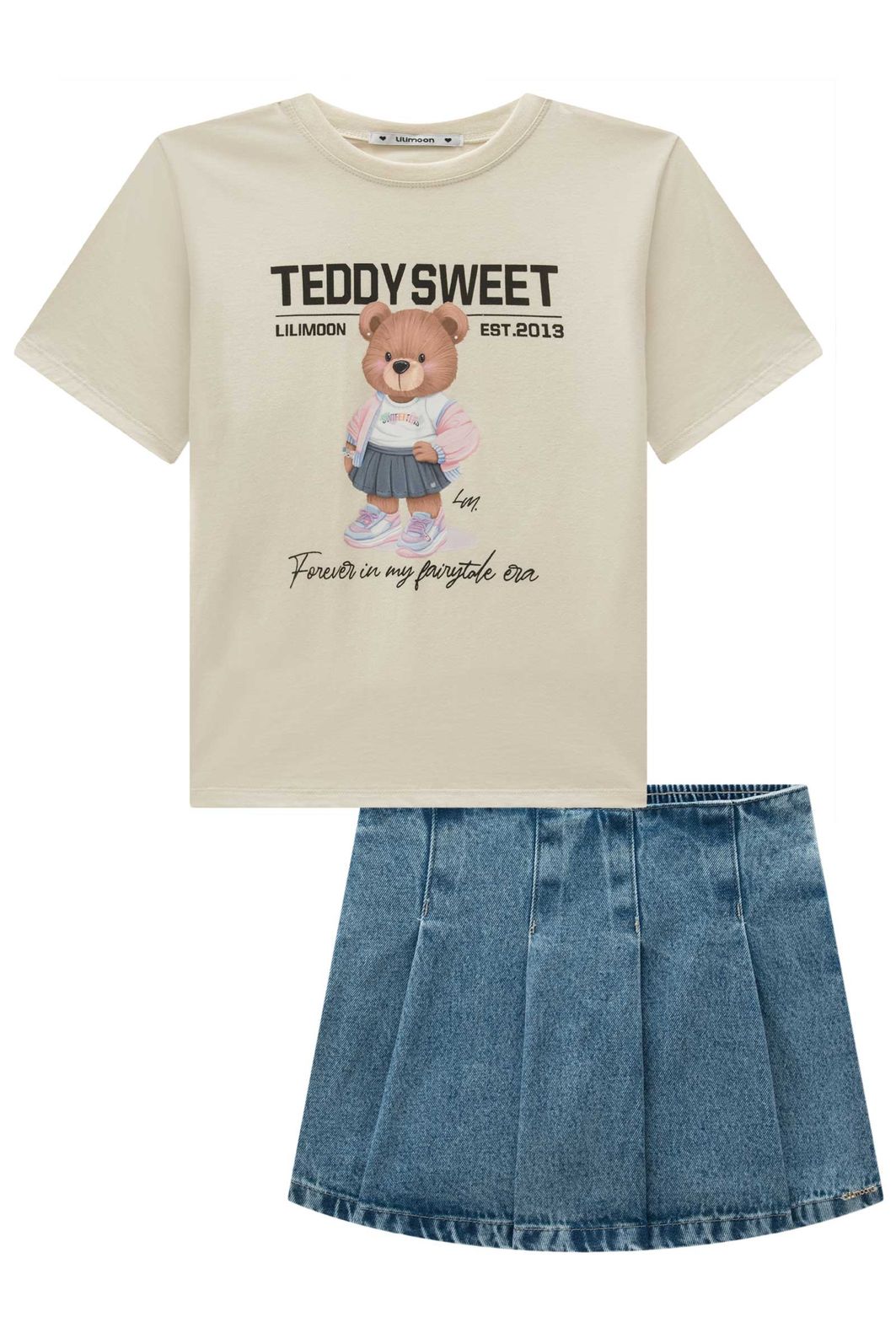Conjunto de camiseta over em meia malha e short saia em jeans wishita 98780 Lilimoon Teen Menina Conjunto de camiseta over em meia malha e short saia em jeans wishita 98780 Lilimoon Teen Menina
