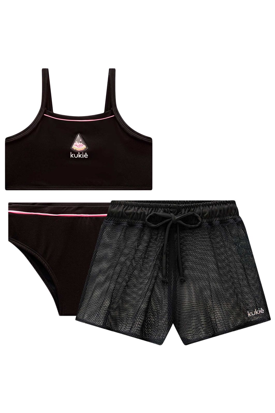 Trio de biquíni em malha com proteção UV50+ e short saída de praia em tela fashion 99127 Kukiê Infantil Menina Trio de biquíni em malha com proteção UV50+ e short saída de praia em tela fashion 99127 Kukiê Infantil Menina