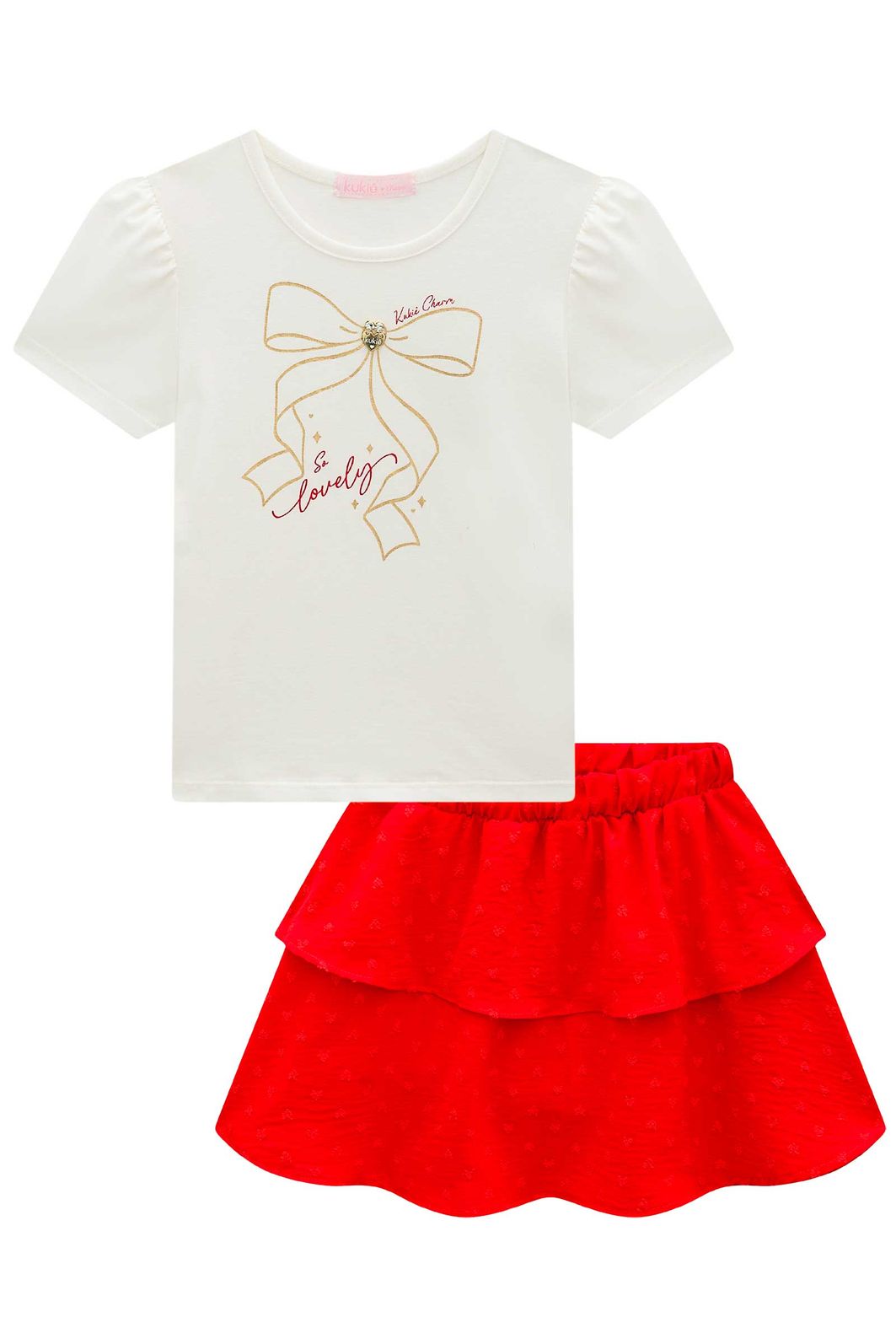 Conjunto de blusa em cotton e saia em crepe textura (com shorts embutido) 99440 Kukiê Infantil Menina Conjunto de blusa em cotton e saia em crepe textura (com shorts embutido) 99440 Kukiê Infantil Menina