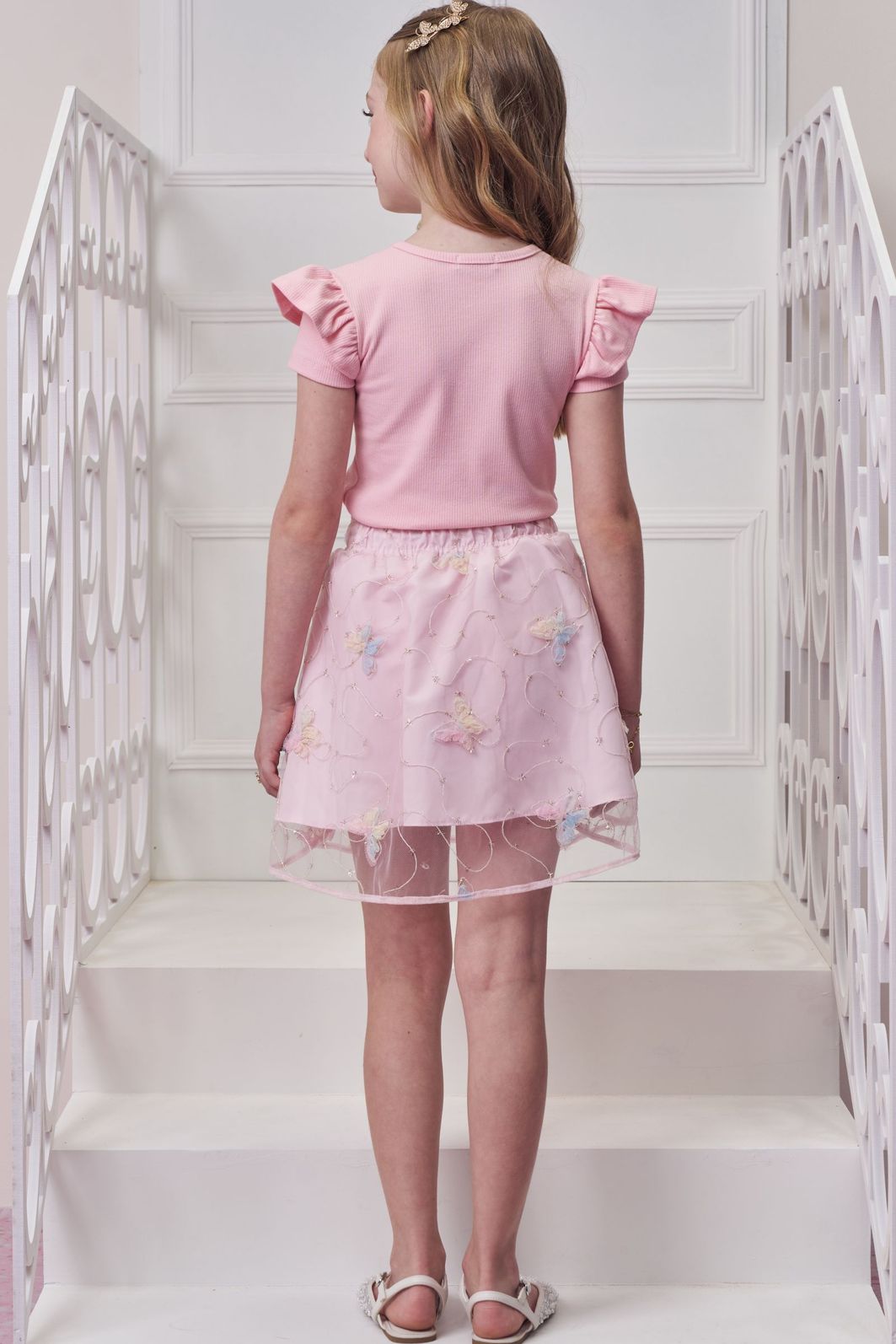 Conjunto de blusa em canelado liz e saia em tule bordado borboletas. Com short embutido 98897 Infanti Infantil Menina