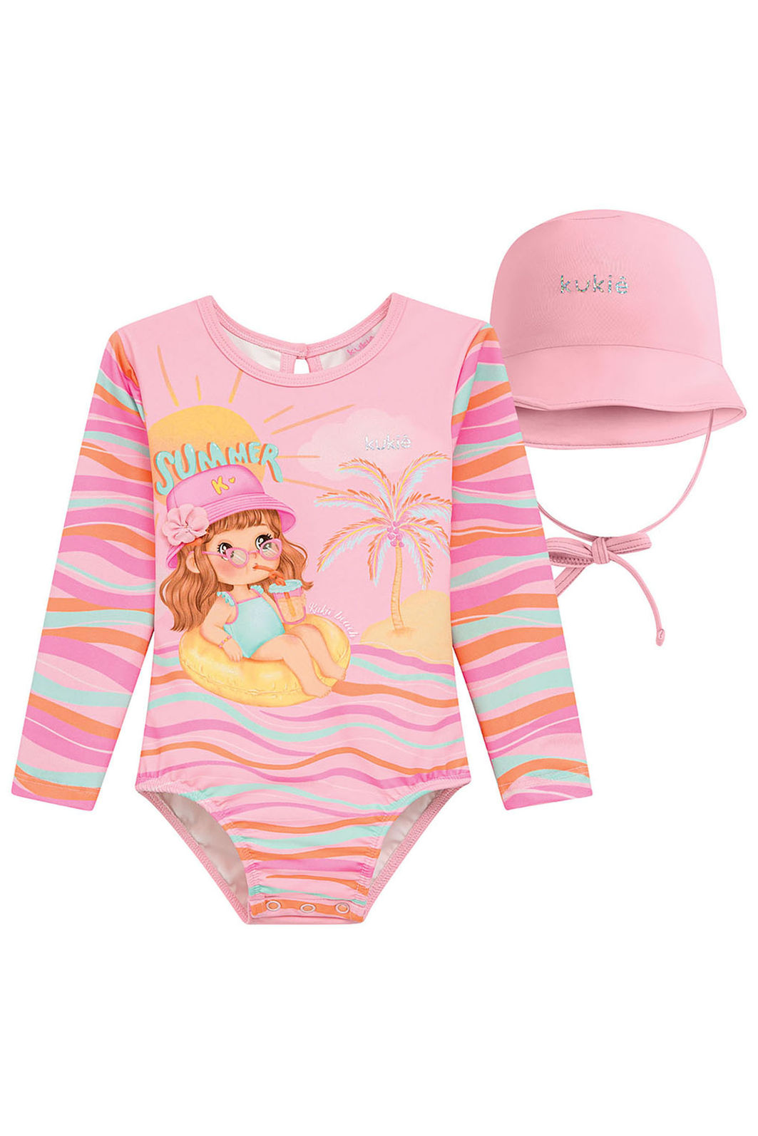 Conjunto de maiô e chapéu em malha com proteção UV50+ 96249 Kukiê Bebê Menina Conjunto de maiô e chapéu em malha com proteção UV50+ 96249 Kukiê Bebê Menina