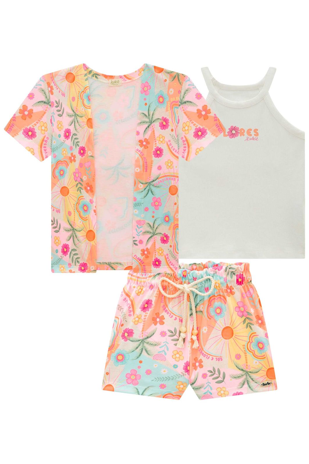 Trio de regata em canelado e shorts e kimono em malha fresh 99714 Kukiê Infantil Menina Trio de regata em canelado e shorts e kimono em malha fresh 99714 Kukiê Infantil Menina