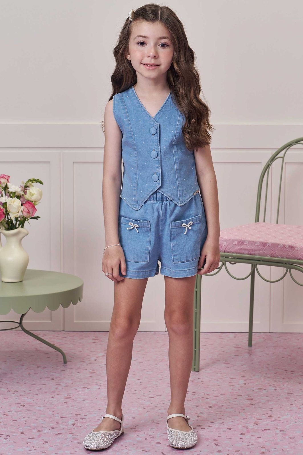 Conjunto de colete e shorts em jeans com elastano 93234 Infanti Infantil Menina Conjunto de colete e shorts em jeans com elastano 93234 Infanti Infantil Menina