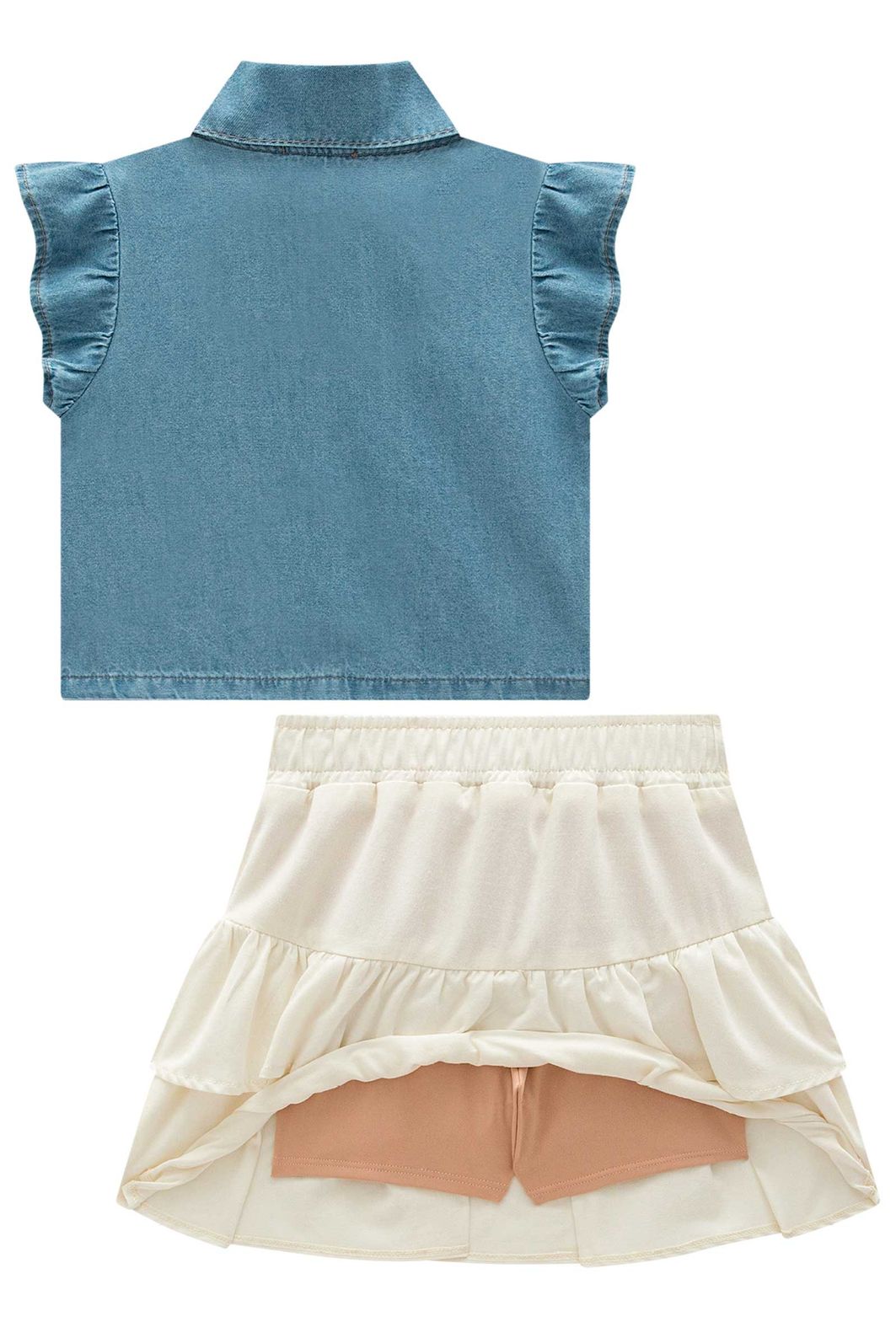 Conjunto de camisa em jeans e saia em sarja com elastano. Com short embutido 98868 Infanti Infantil Menina