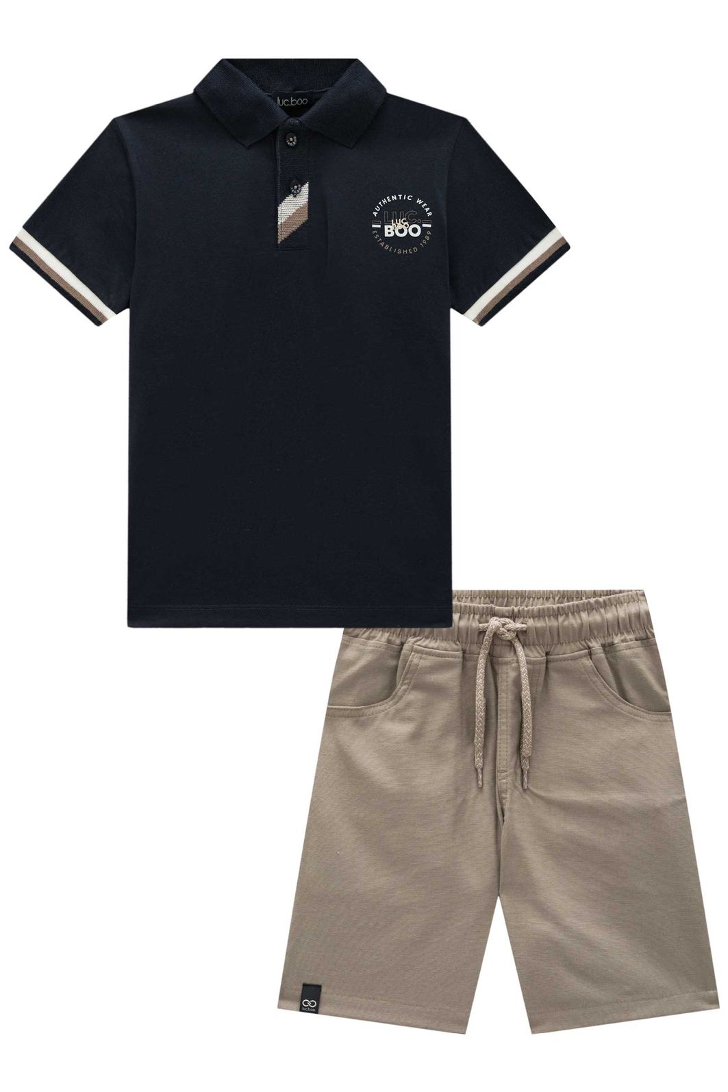 Conjunto de camisa polo em meia malha e bermuda em linho santorine com elastano 92461 LucBoo Infantil Menino Conjunto de camisa polo em meia malha e bermuda em linho santorine com elastano 92461 LucBoo Infantil Menino