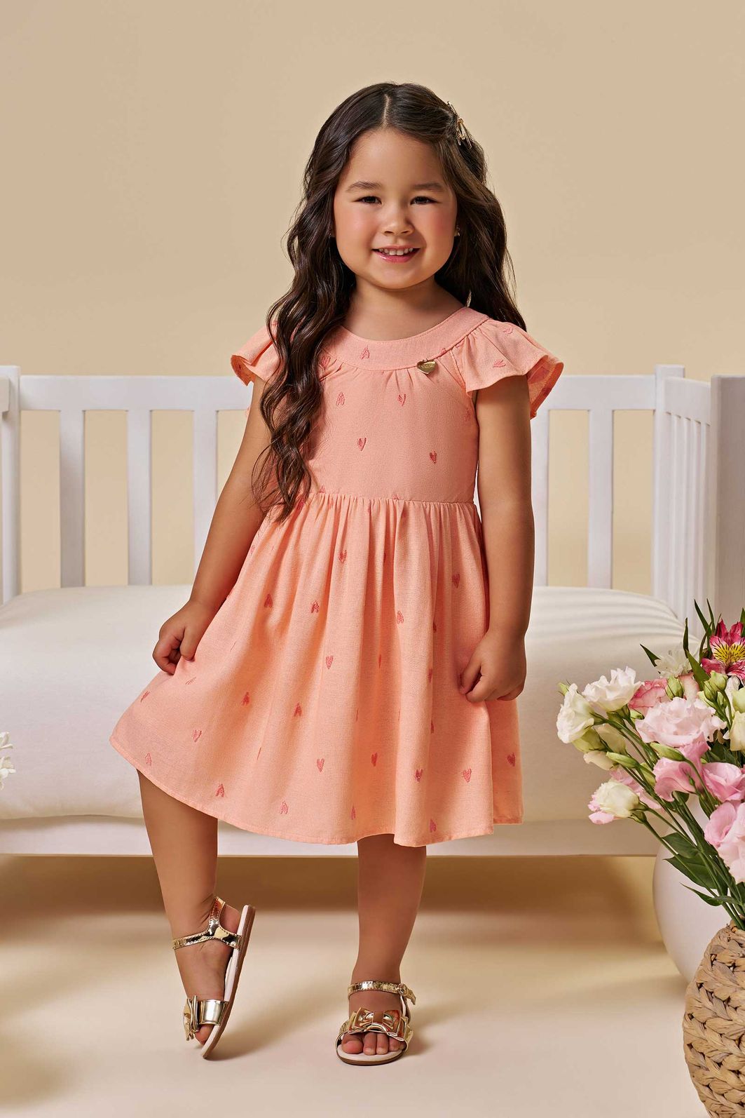 Vestido em linho bordado corações 96598 Infanti Infantil Menina
