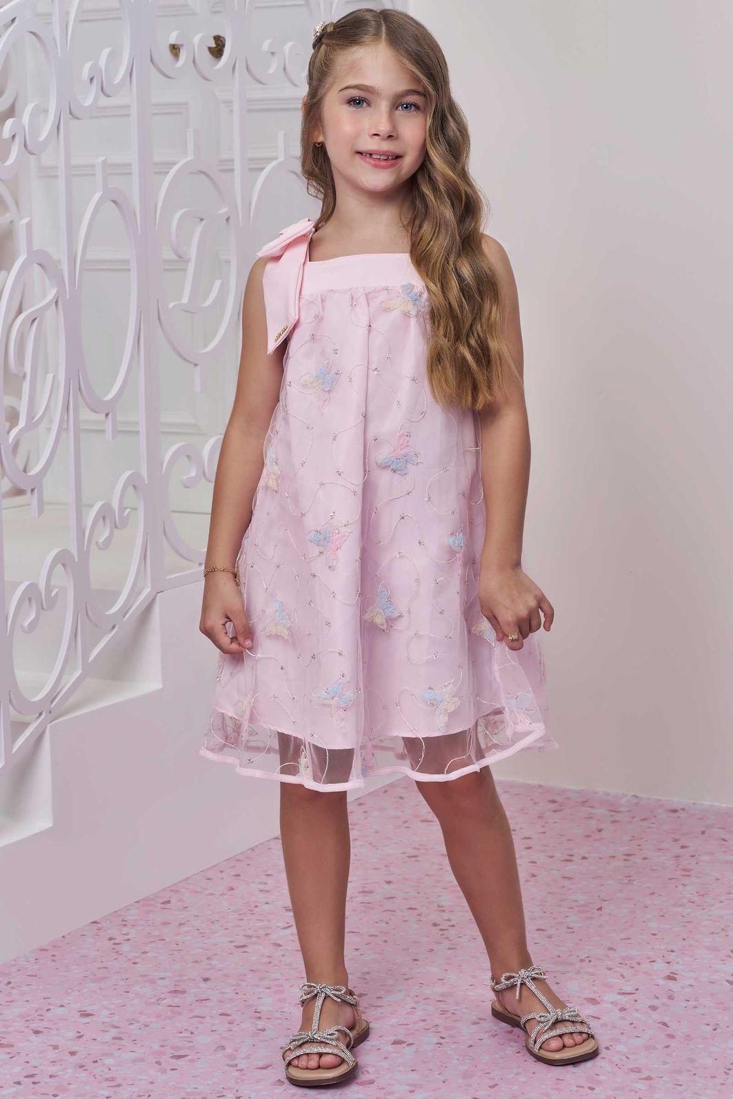 Vestido em tule bordado borboleta 98792 Infanti Infantil Menina