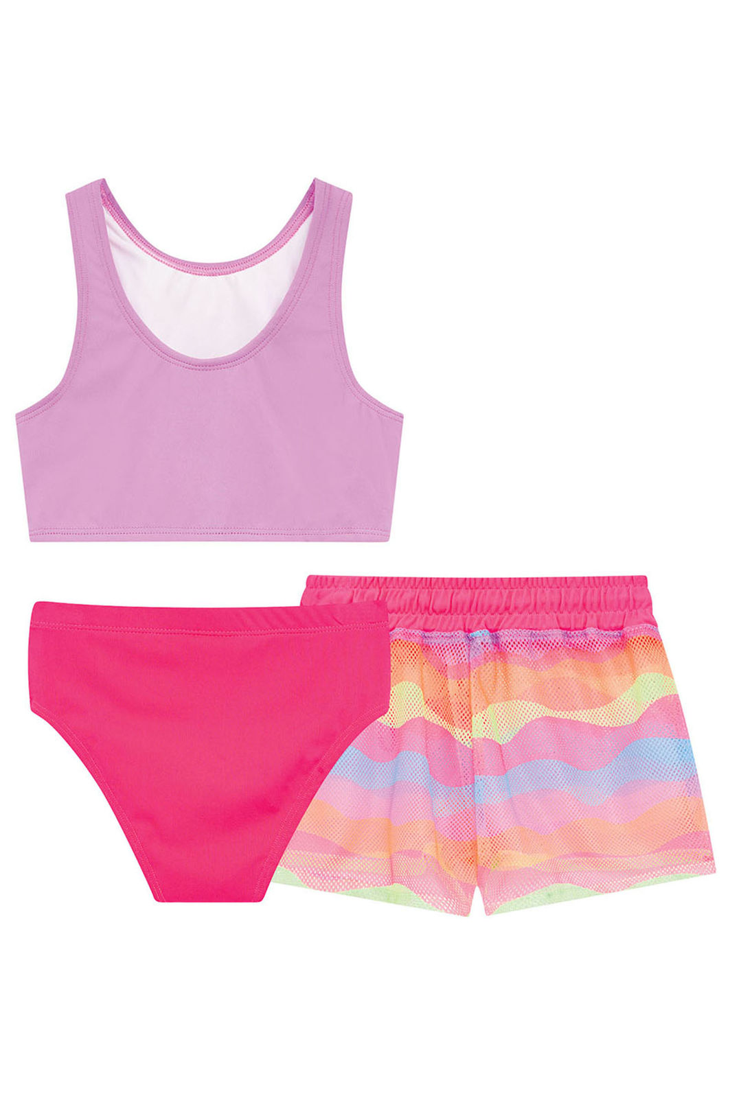 Trio de biquíni em malha poliamida com proteção UV50+ e shorts em tela fashion 96224 Kukiê Infantil Menina