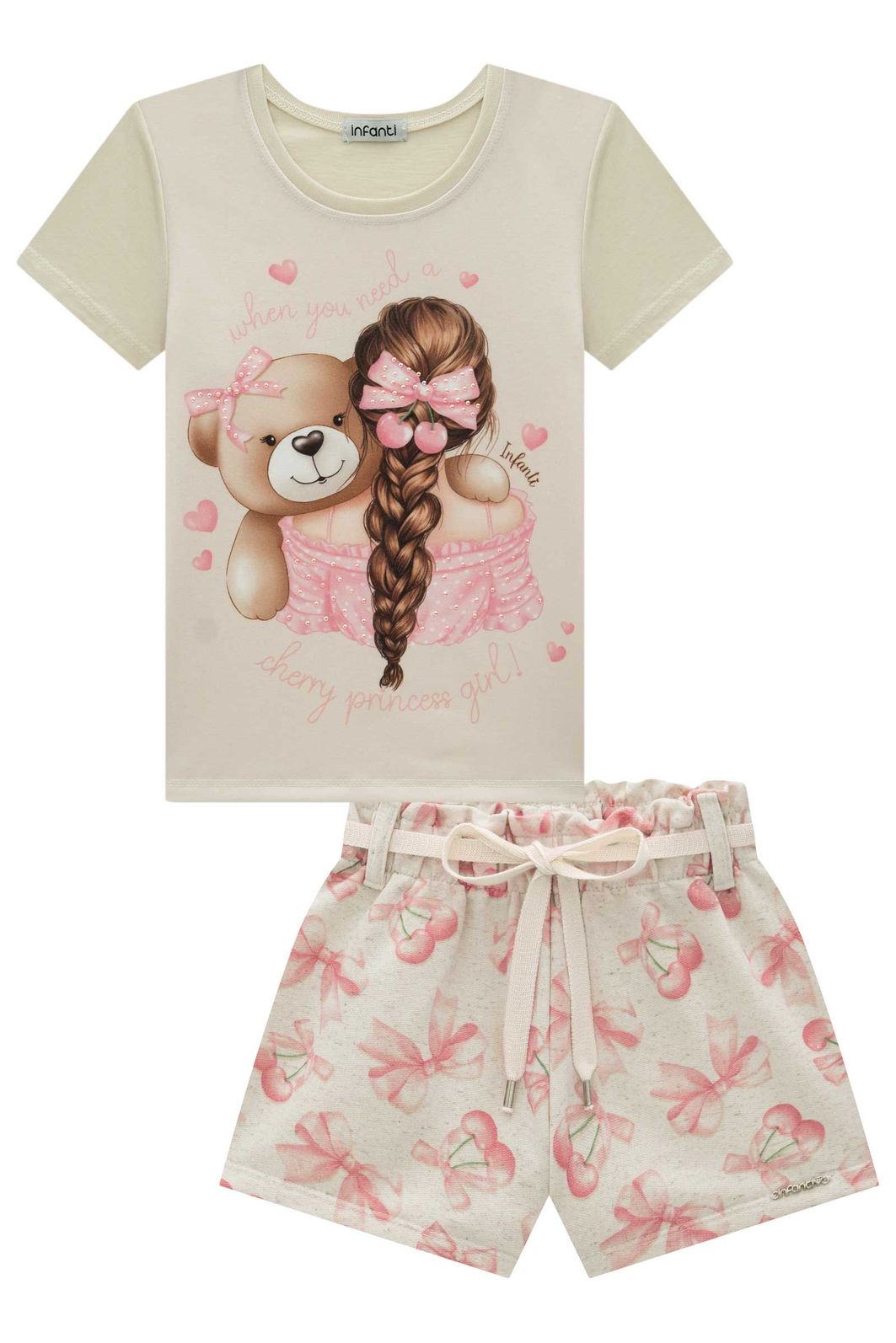 Conjunto de blusa em meia malha e shorts em moletom sem pelúcia 93393 Infanti Infantil Menina
