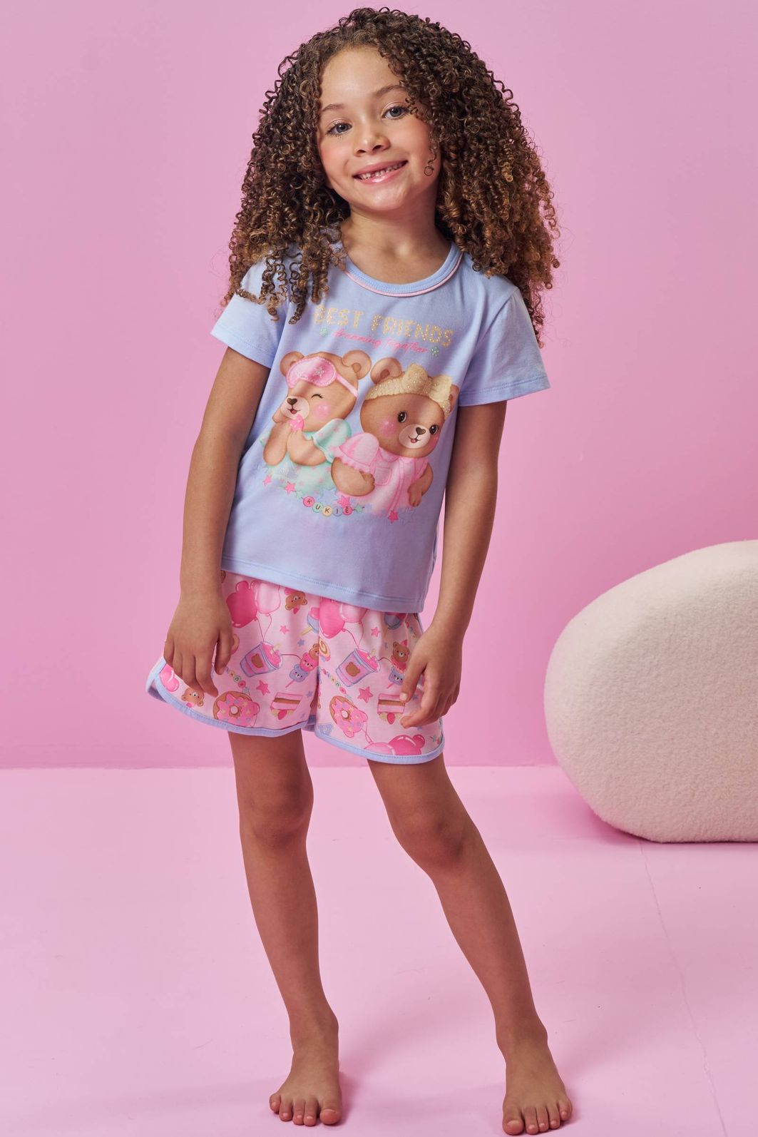 Conjunto de pijama de blusa em meia malha e shorts em malha fresh (acompanha máscara) 94316 Kukiê Infantil Menina