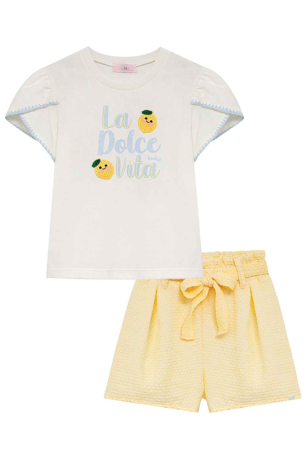 Conjunto de blusa em meia malha e shorts em tecido texturizado 95097 Kukiê Infantil Menina