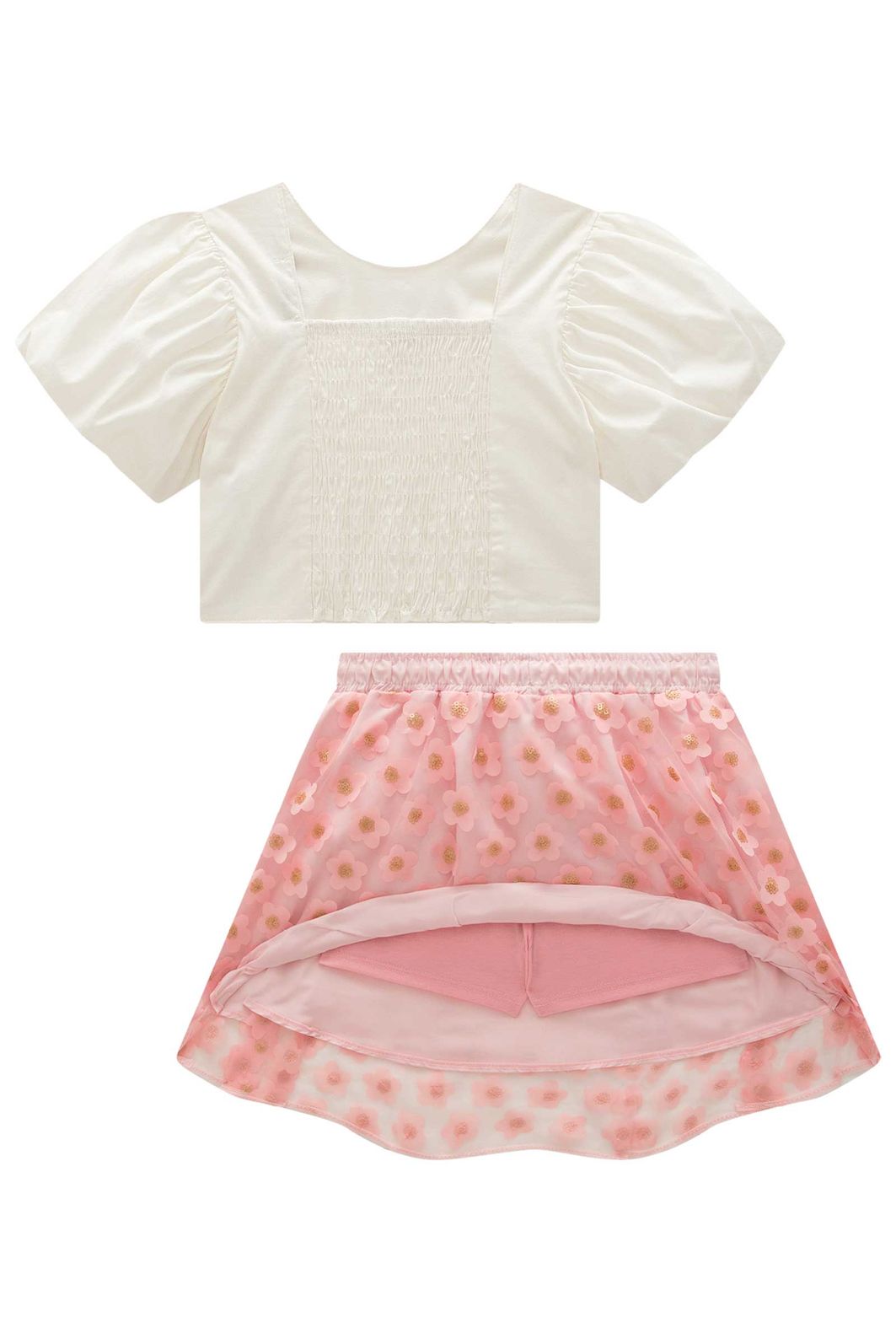 Conjunto de blusa em tricoline e saia em tule bordado flower. Com shorts embutido 99080 Infanti Infantil Menina