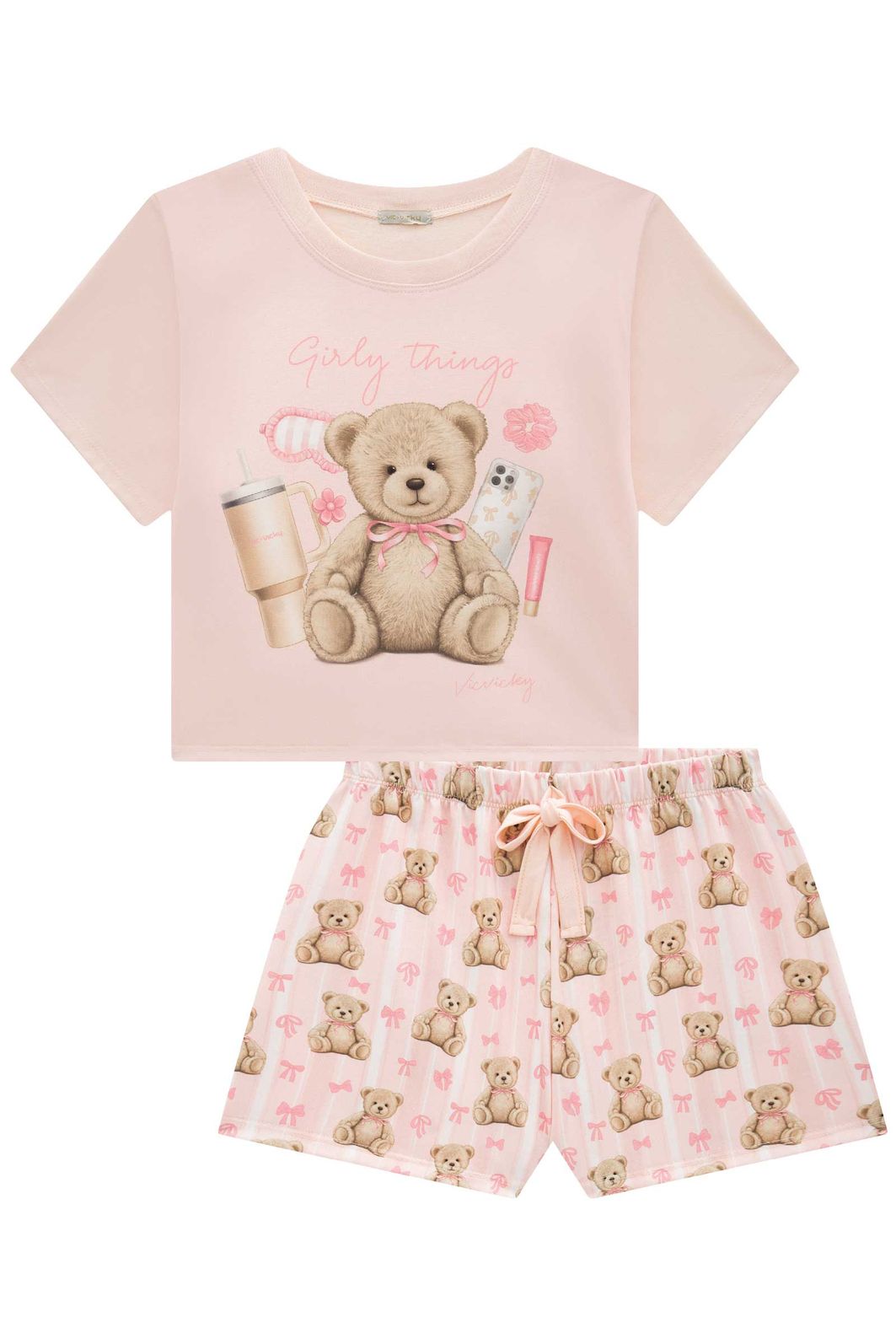 Conjunto de pijama com blusa em meia malha e shorts em malha fresh 95089 Vic Teen Menina