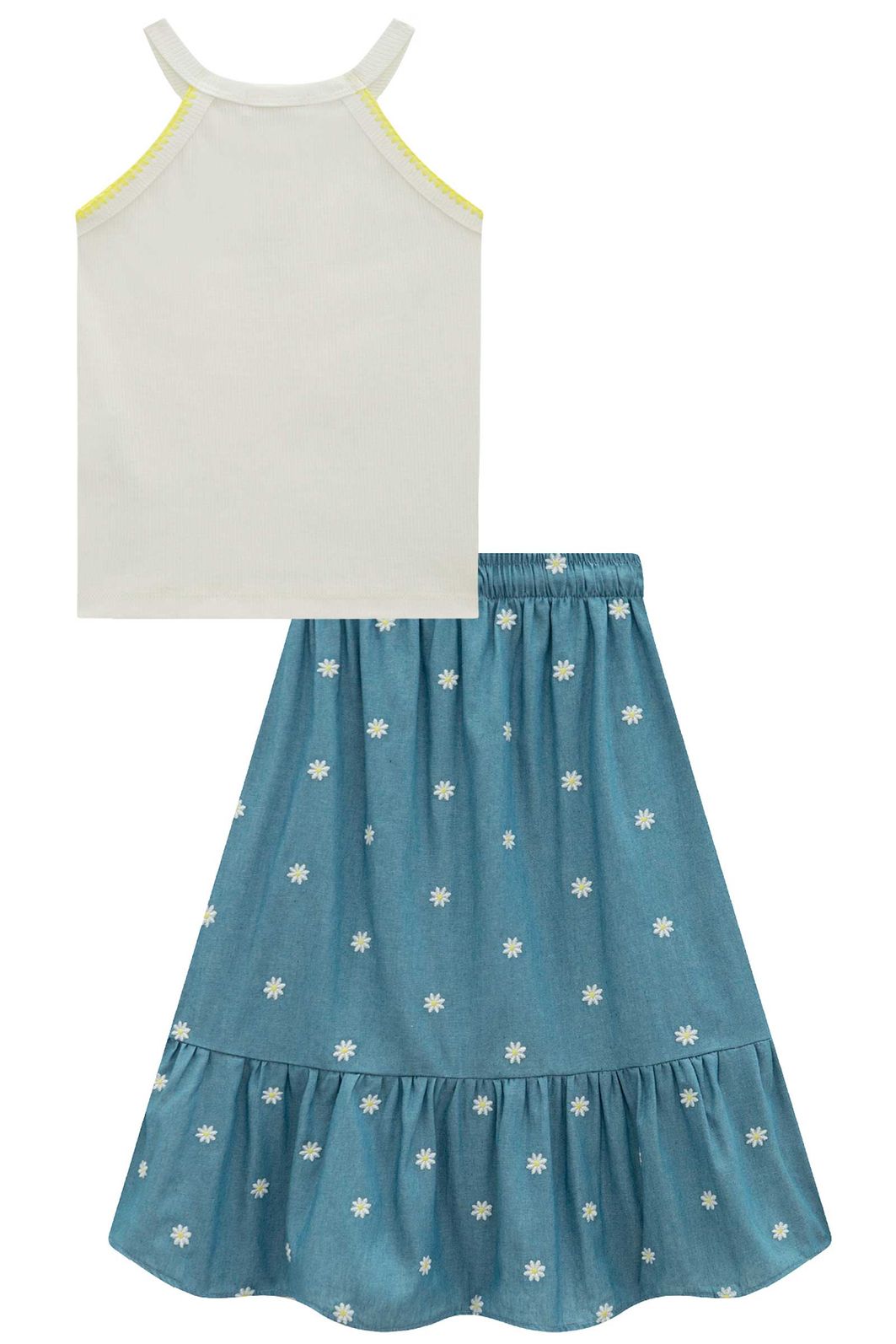 Conjunto de regata em canelado liz com saia midi em denim bordado 96208 Infanti Infantil Menina