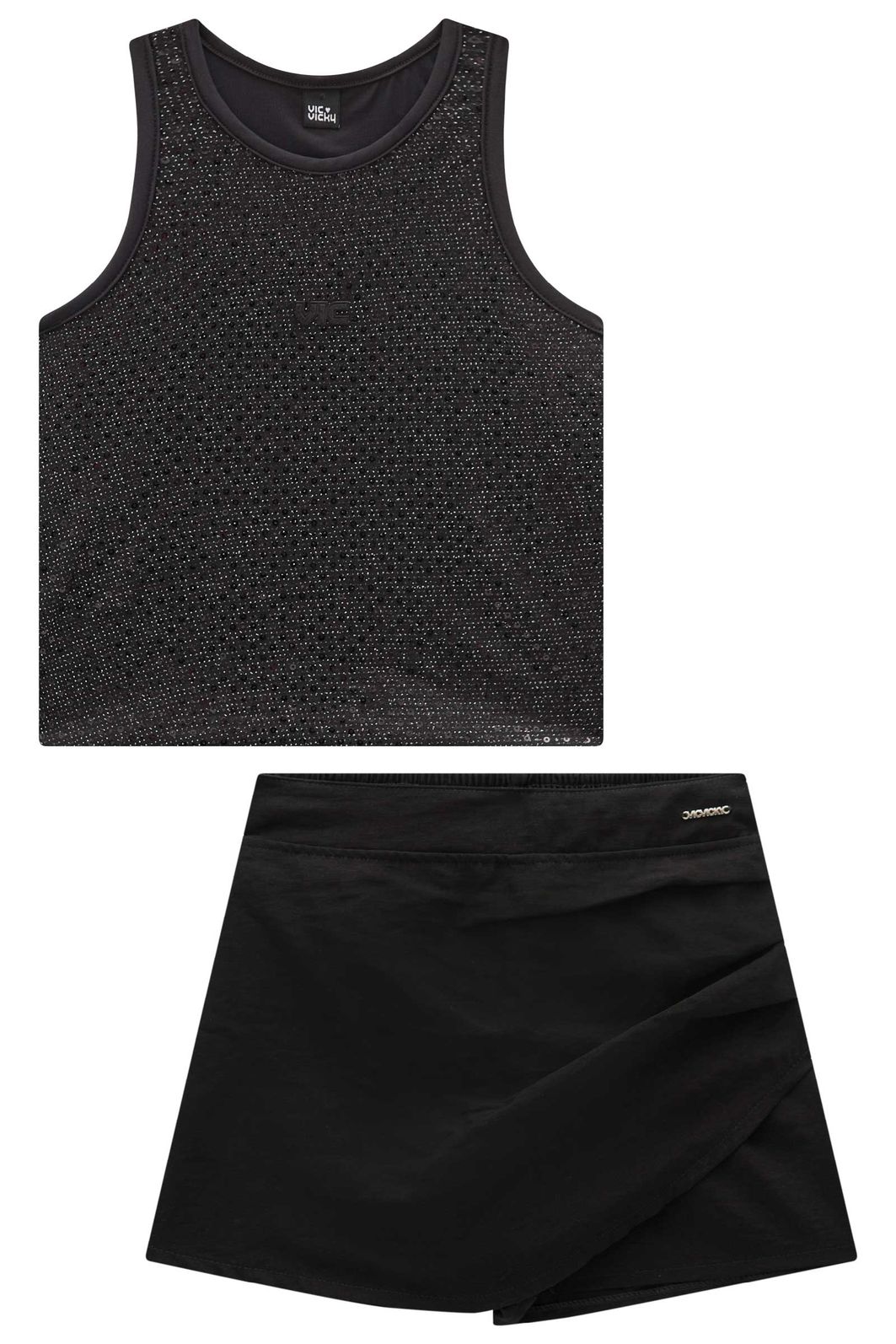Conjunto de regata em malha brilho e short saia em alfaiataria marant 96902 Vic Teen Menina
