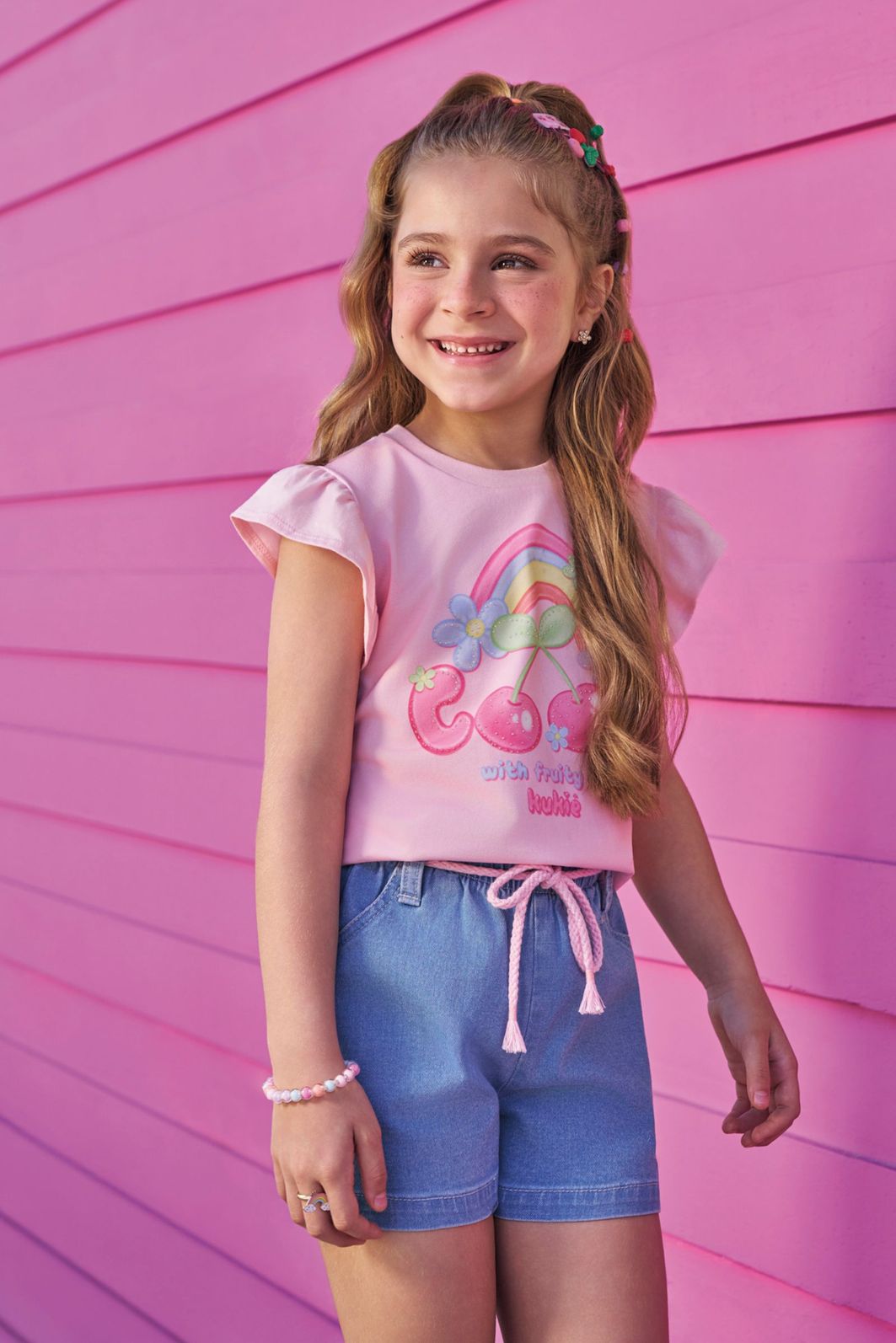 Conjunto de blusa em meia malha e shorts em jeans com elastano 95093 Kukiê Infantil Menina Conjunto de blusa em meia malha e shorts em jeans com elastano 95093 Kukiê Infantil Menina