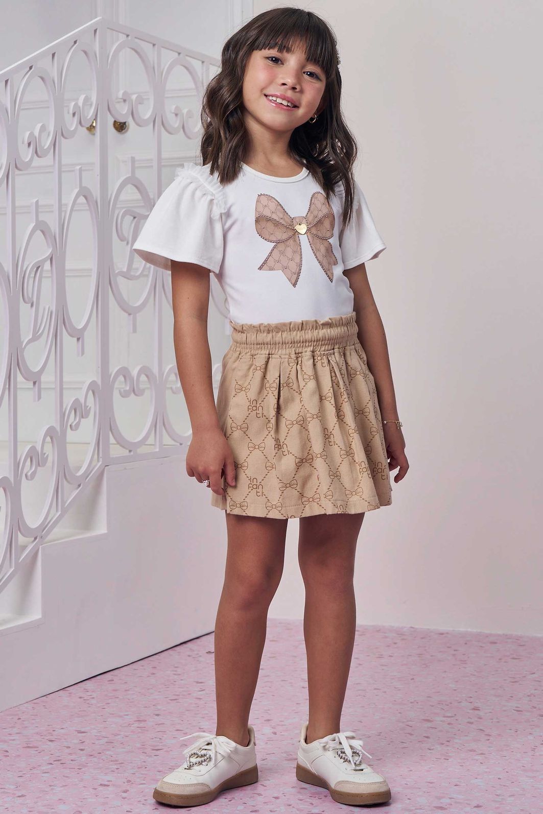 Conjunto de blusa em cotton e short saia em linho com elastano 98783 Infanti Infantil Menina Conjunto de blusa em cotton e short saia em linho com elastano 98783 Infanti Infantil Menina