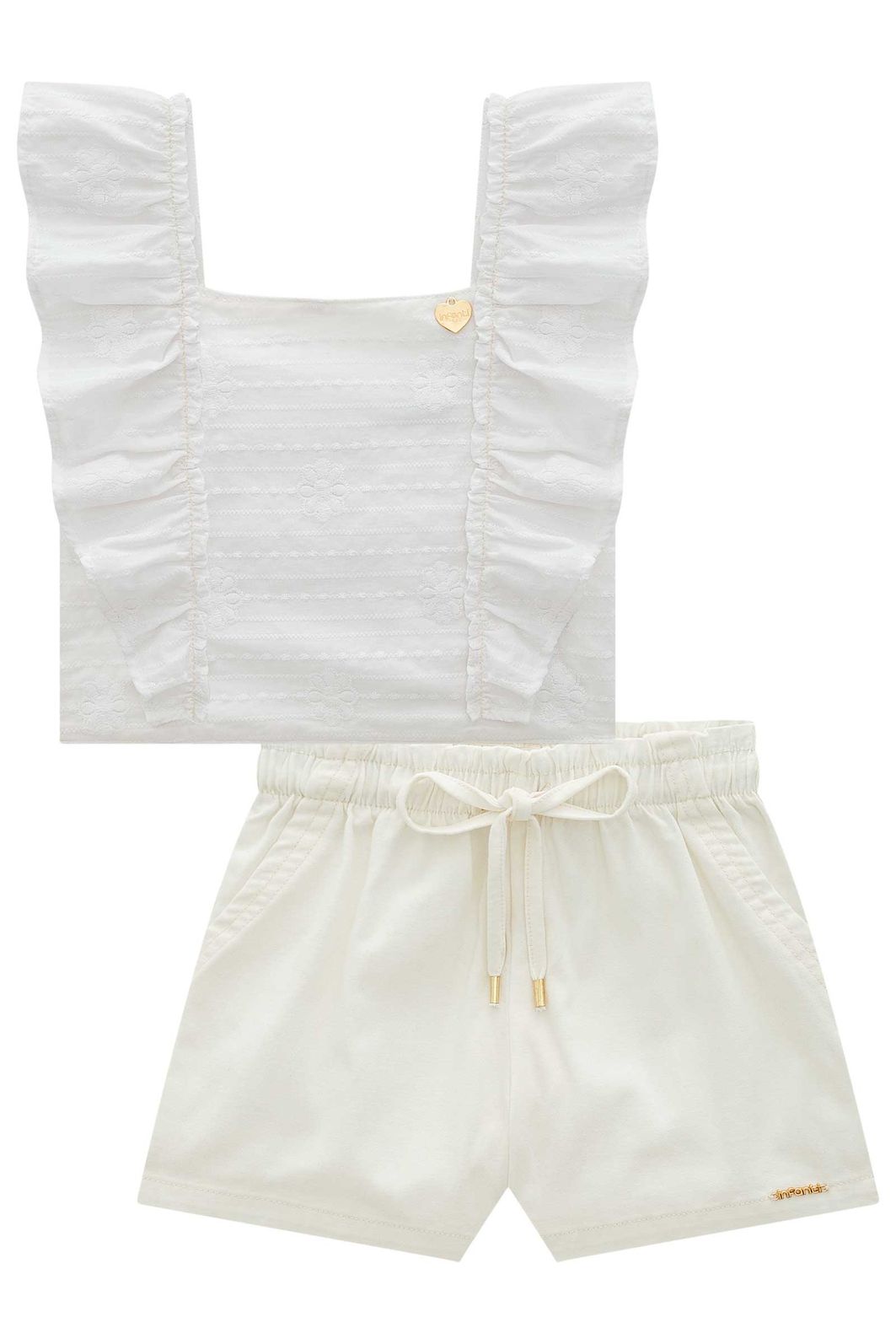 Conjunto de blusa em tricoline bordada e shorts em sarja com elastano 98677 Infanti Infantil Menina