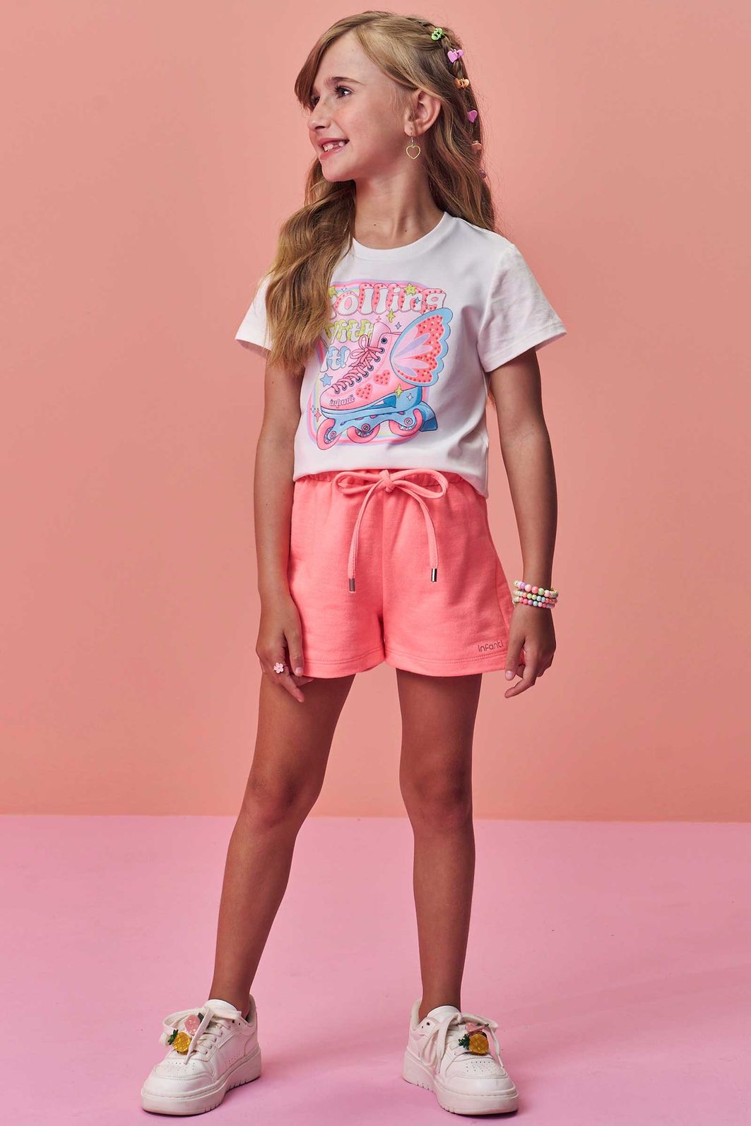 Conjunto de blusa em meia malha e shorts em moletom sem pelúcia 95558 Infanti Infantil Menina