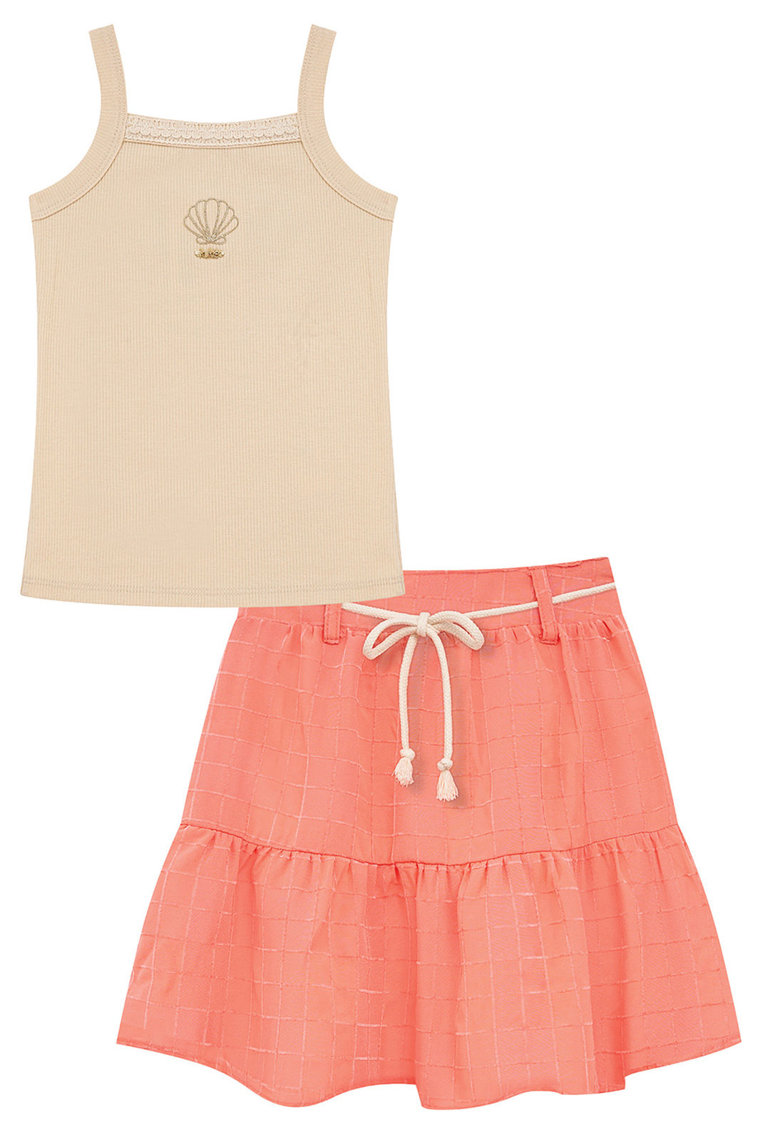 Conjunto de regata em canelado e saia em tecido grid chenille 95890 Kukiê Infantil Menina Conjunto de regata em canelado e saia em tecido grid chenille 95890 Kukiê Infantil Menina