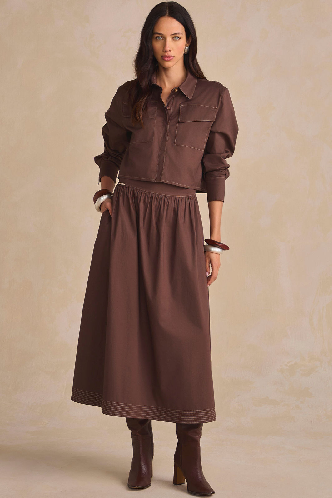 Saia maxi midi em tricoline com elastano com shorts forro em malha 90521 Linzzi