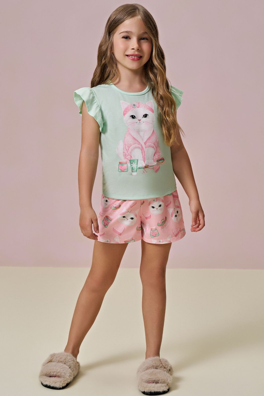 Conjunto de pijama de blusa em meia malha com shorts em malha comfy 96040 Infanti Infantil Menina