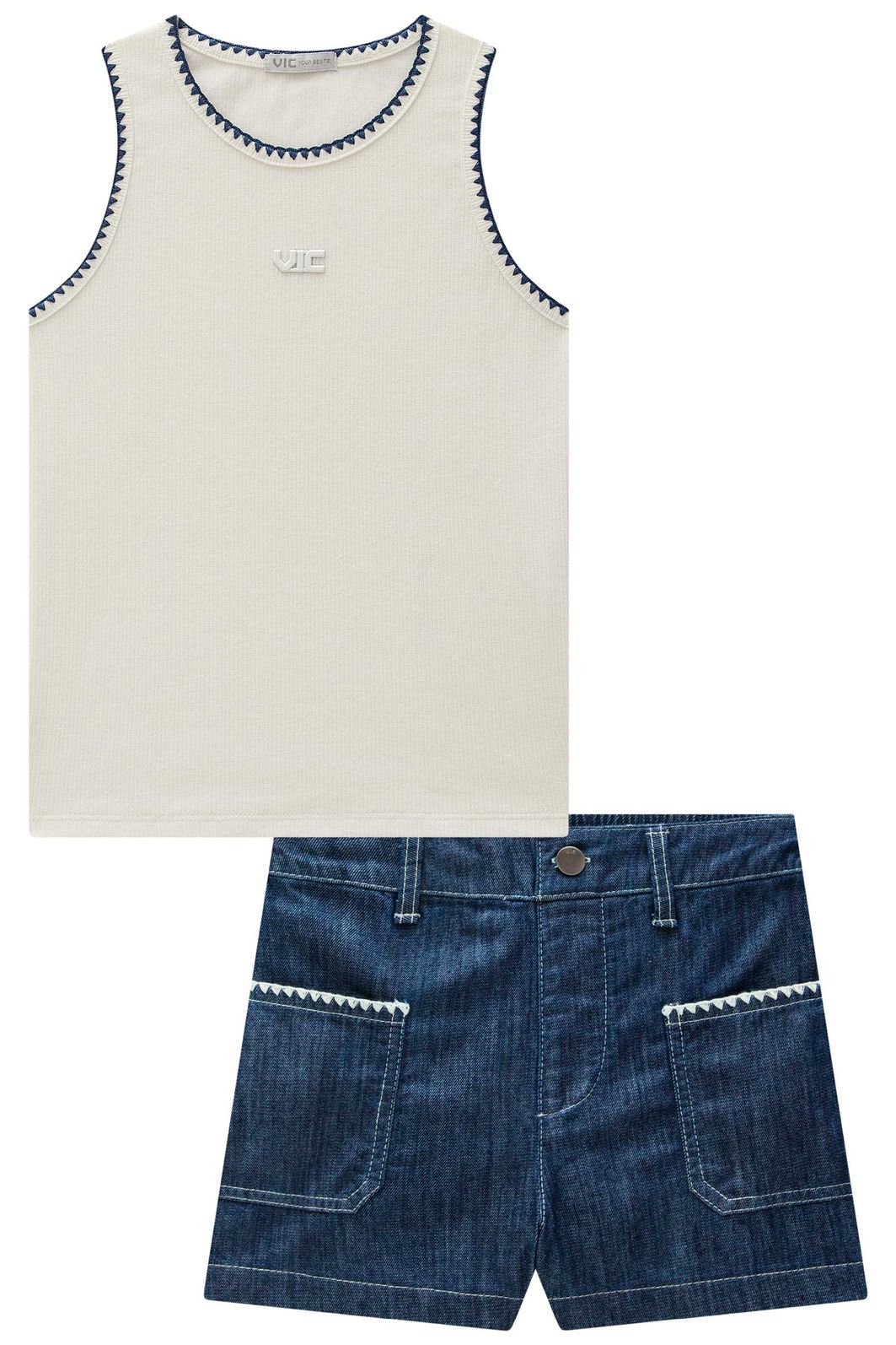 Conjunto de regata em canelado liz e shorts em jeans leve com elastano 98242 Vic Teen Menina Conjunto de regata em canelado liz e shorts em jeans leve com elastano 98242 Vic Teen Menina
