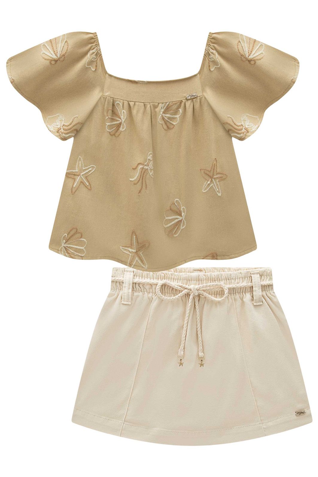 Conjunto de bata em blend de linho bordado e short saia em sarja com elastano 96496 Infanti Infantil Menina
