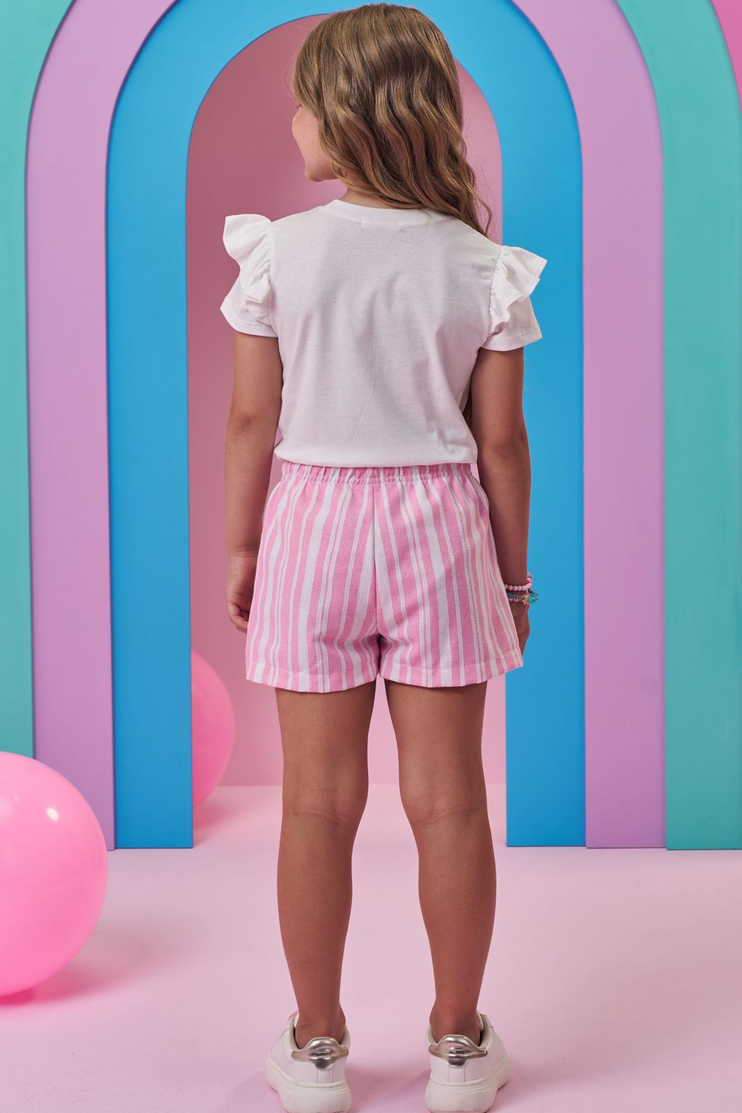 Conjunto de blusa em meia malha e shorts em linho listrado 99447 Kukiê Infantil Menina
