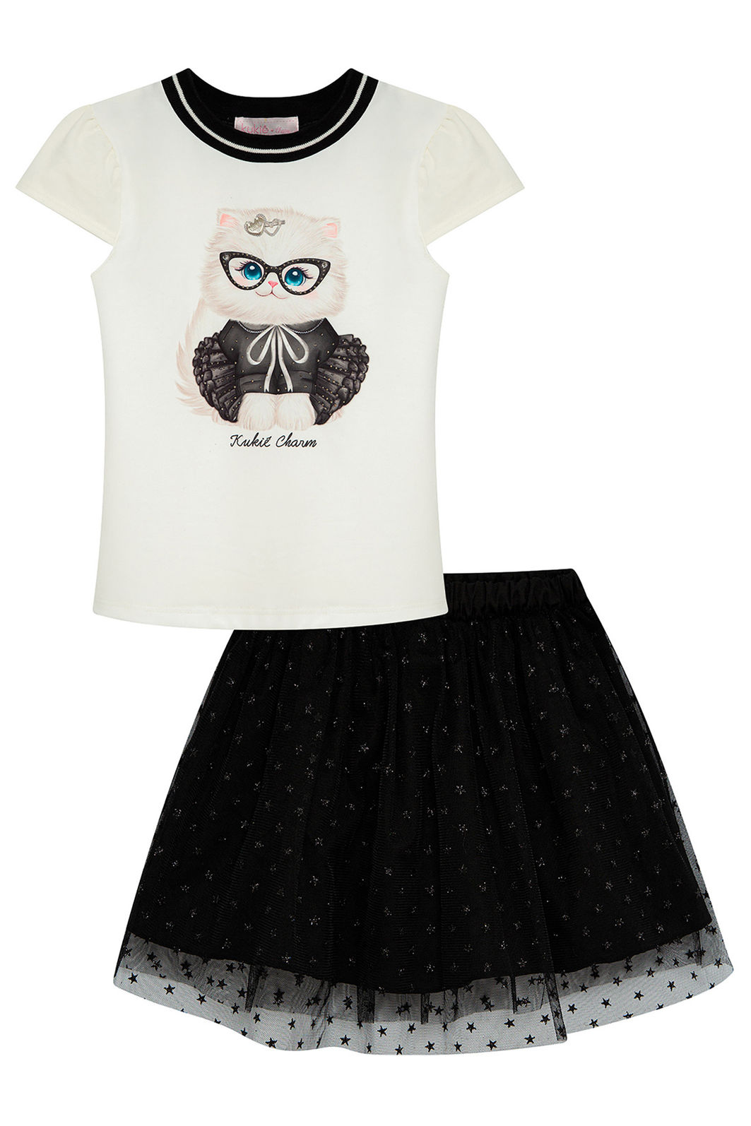 Conjunto de blusa em cotton e saia em tule glitter estrelas (com shorts embutido) 96789 Kukiê Infantil Menina Conjunto de blusa em cotton e saia em tule glitter estrelas (com shorts embutido) 96789 Kukiê Infantil Menina