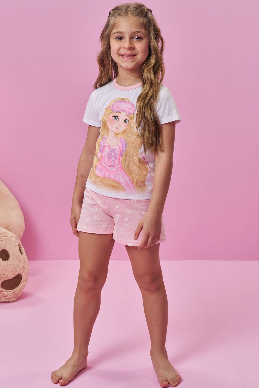 Conjunto de pijama de blusa e shorts em meia malha 94277 Kukiê Infantil Menina