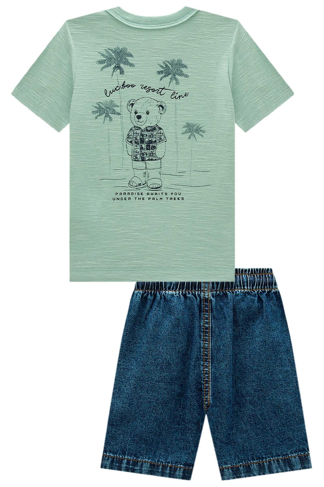 Conjunto de camiseta em meia malha flamê e bermuda em jeans teca 99063 LucBoo Infantil Menino Conjunto de camiseta em meia malha flamê e bermuda em jeans teca 99063 LucBoo Infantil Menino