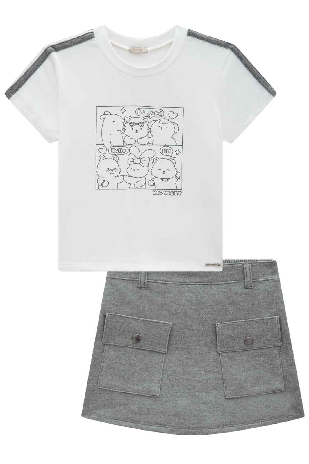 Conjunto de blusa em cotton e short saia em moletom sem pelúcia 96876 Vic Teen Menina Conjunto de blusa em cotton e short saia em moletom sem pelúcia 96876 Vic Teen Menina