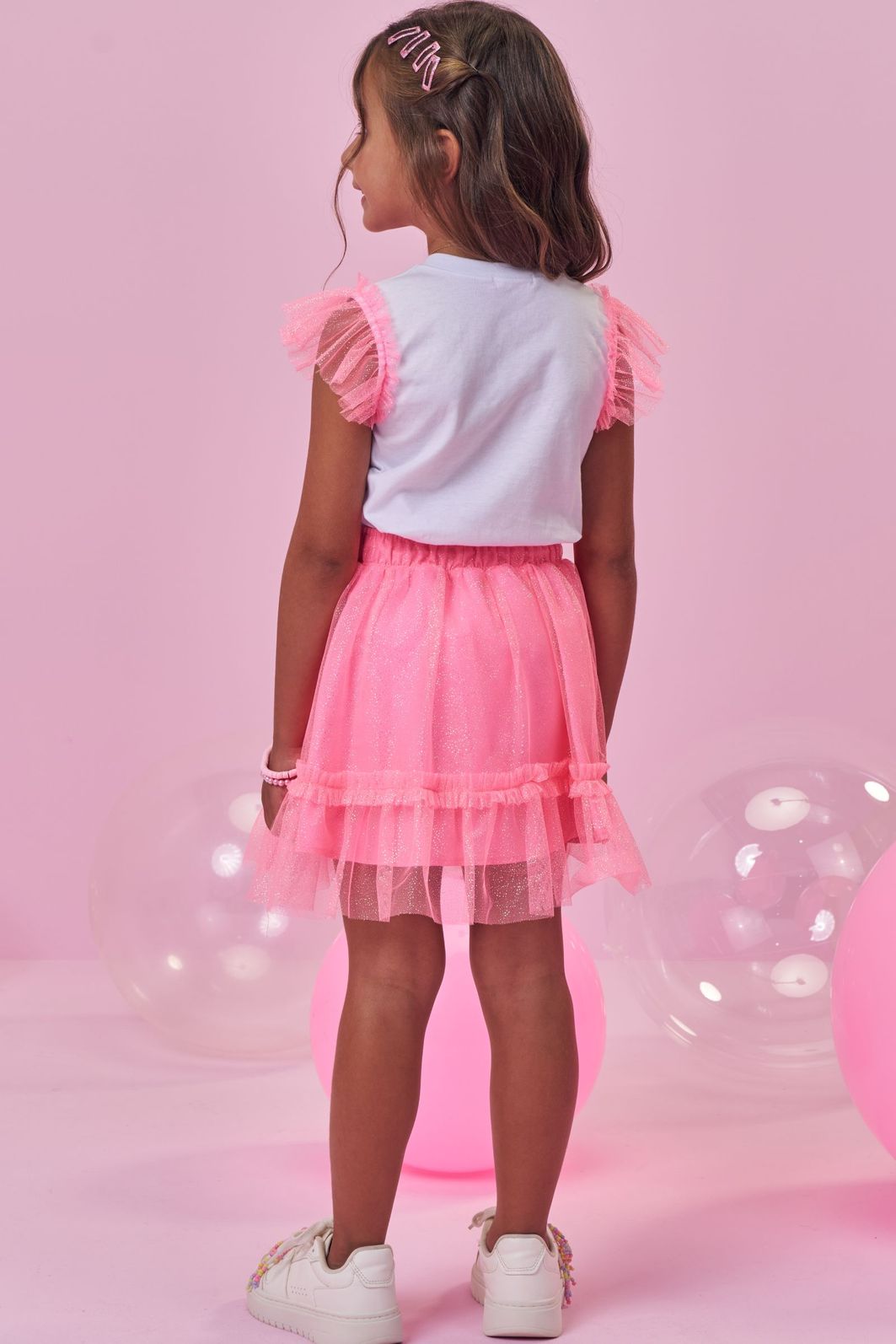 Conjunto de blusa em cotton e saia em tule (com shorts embutido) 99419 Kukiê Infantil Menina Conjunto de blusa em cotton e saia em tule (com shorts embutido) 99419 Kukiê Infantil Menina