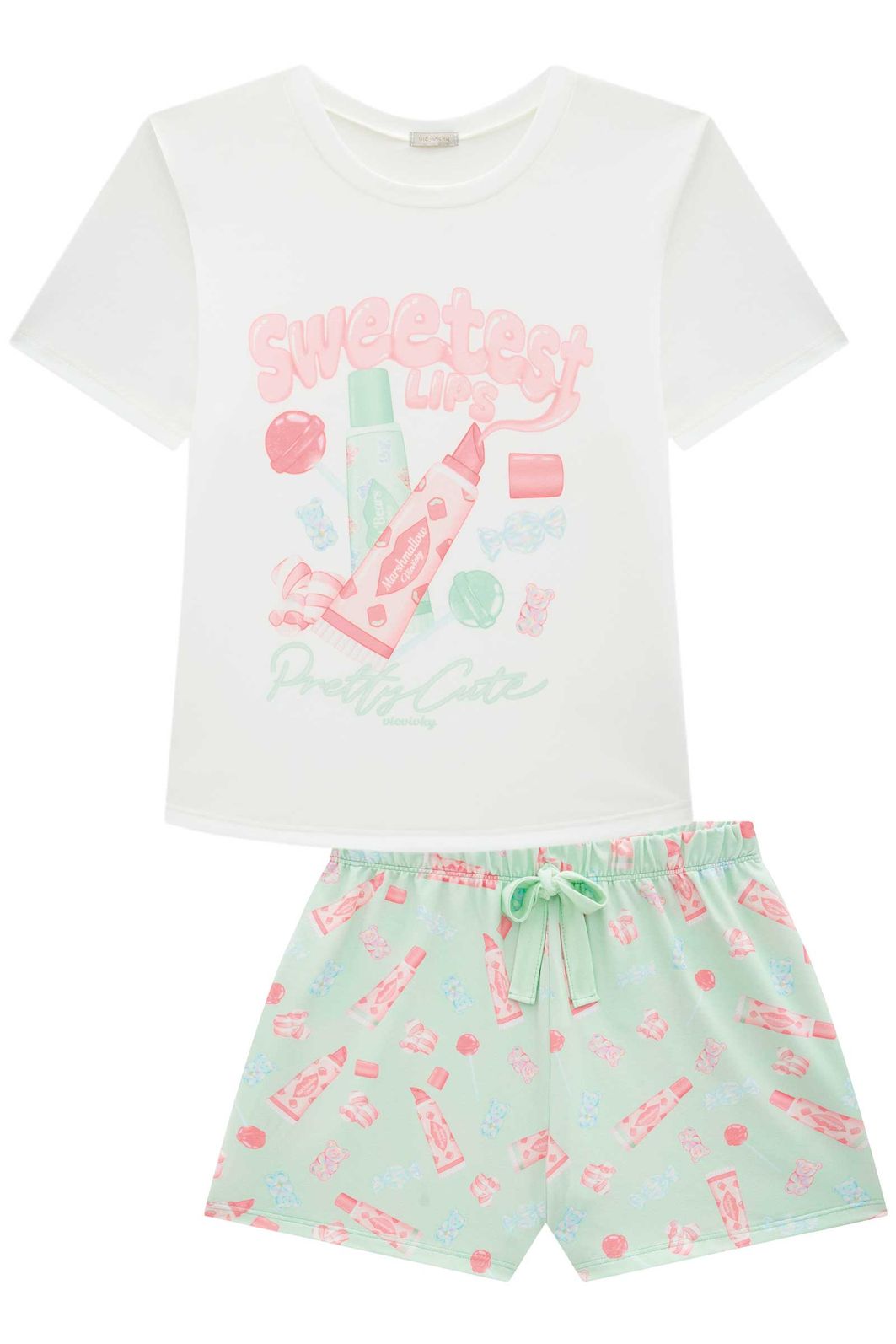 Conjunto de pijama com blusa em malha fresh e shorts em malha comfy 95083 Vic Teen Menina