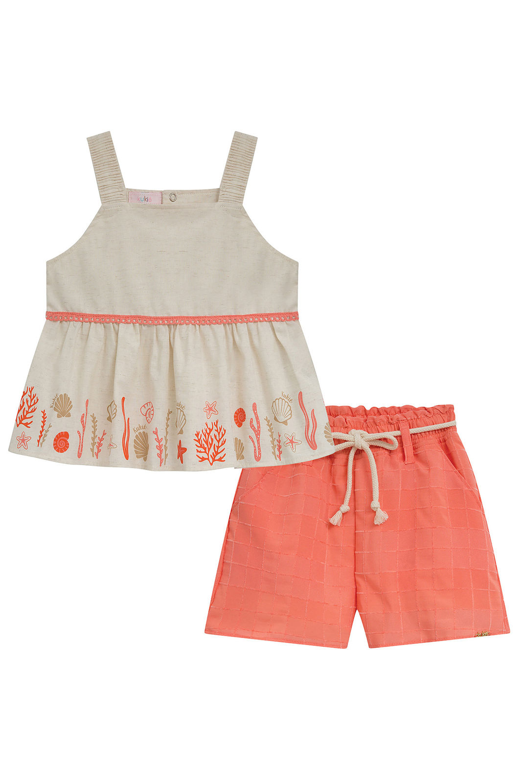 Conjunto de bata em linho deluxe e shorts em tecido grid chenille 95889 Kukiê Infantil Menina Conjunto de bata em linho deluxe e shorts em tecido grid chenille 95889 Kukiê Infantil Menina