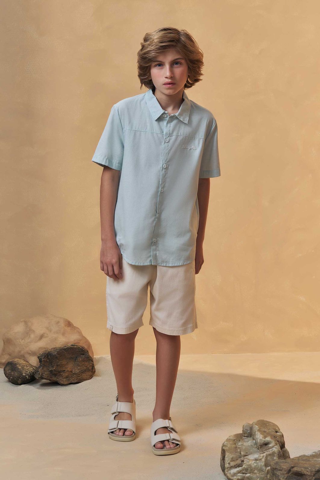 Conjunto de camisa em linho deluxe e bermuda em sarja girassol com elastano 95760 Johnny Fox Teen Menino Conjunto de camisa em linho deluxe e bermuda em sarja girassol com elastano 95760 Johnny Fox Teen Menino