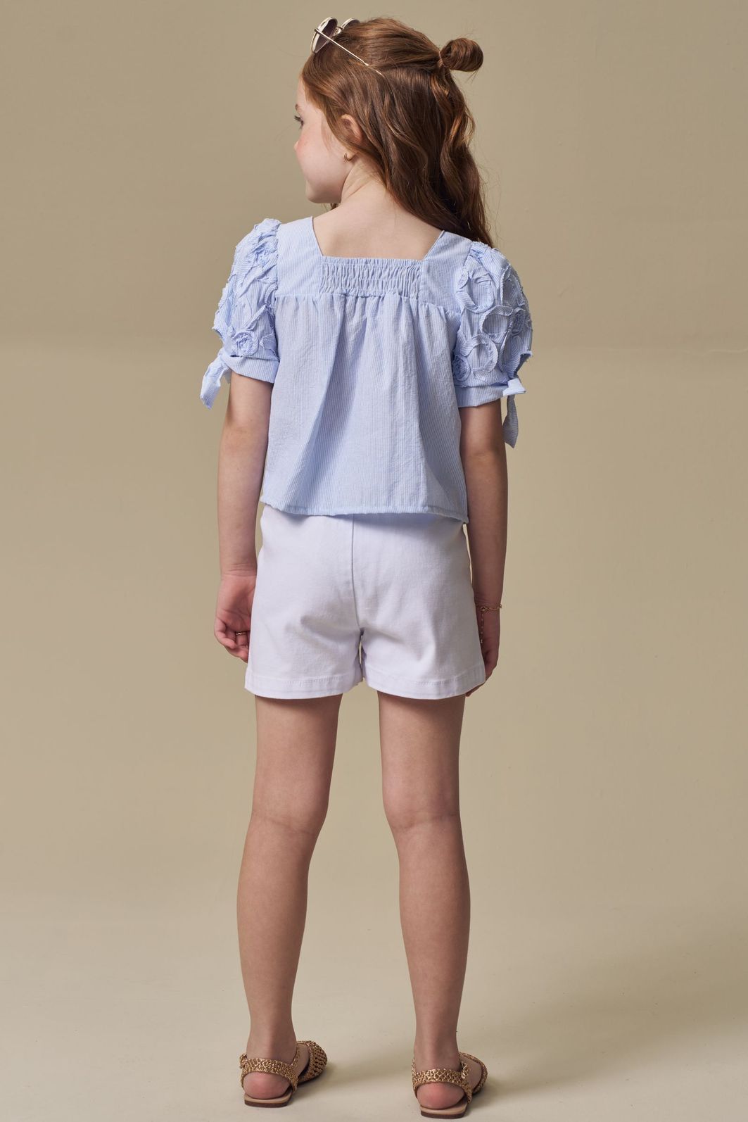 Conjunto de bata em tricoline listrado e shorts em sarja com elastano 97081 Infanti Infantil Menina