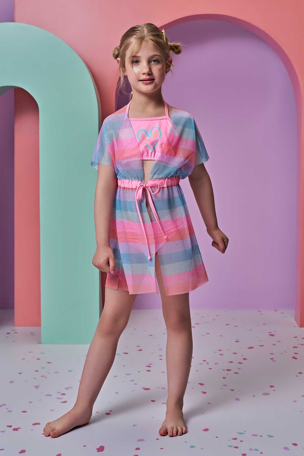 Trio de biquíni em malha UV dry com proteção UV 50+ com saída de praia em tela fashion 93177 Infanti Infantil Menina Trio de biquíni em malha UV dry com proteção UV 50+ com saída de praia em tela fashion 93177 Infanti Infantil Menina