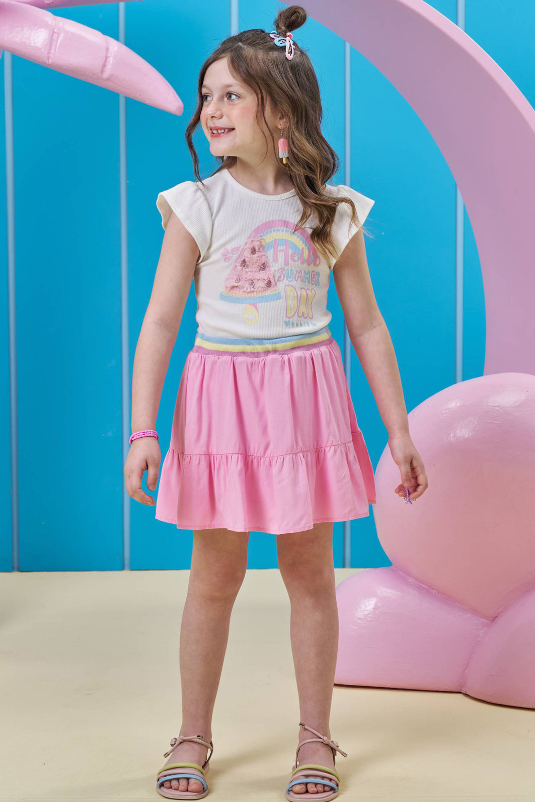 Conjunto de blusa em canelado e saia em viscose (com shorts embutido) 96383 Kukiê Infantil Menina
