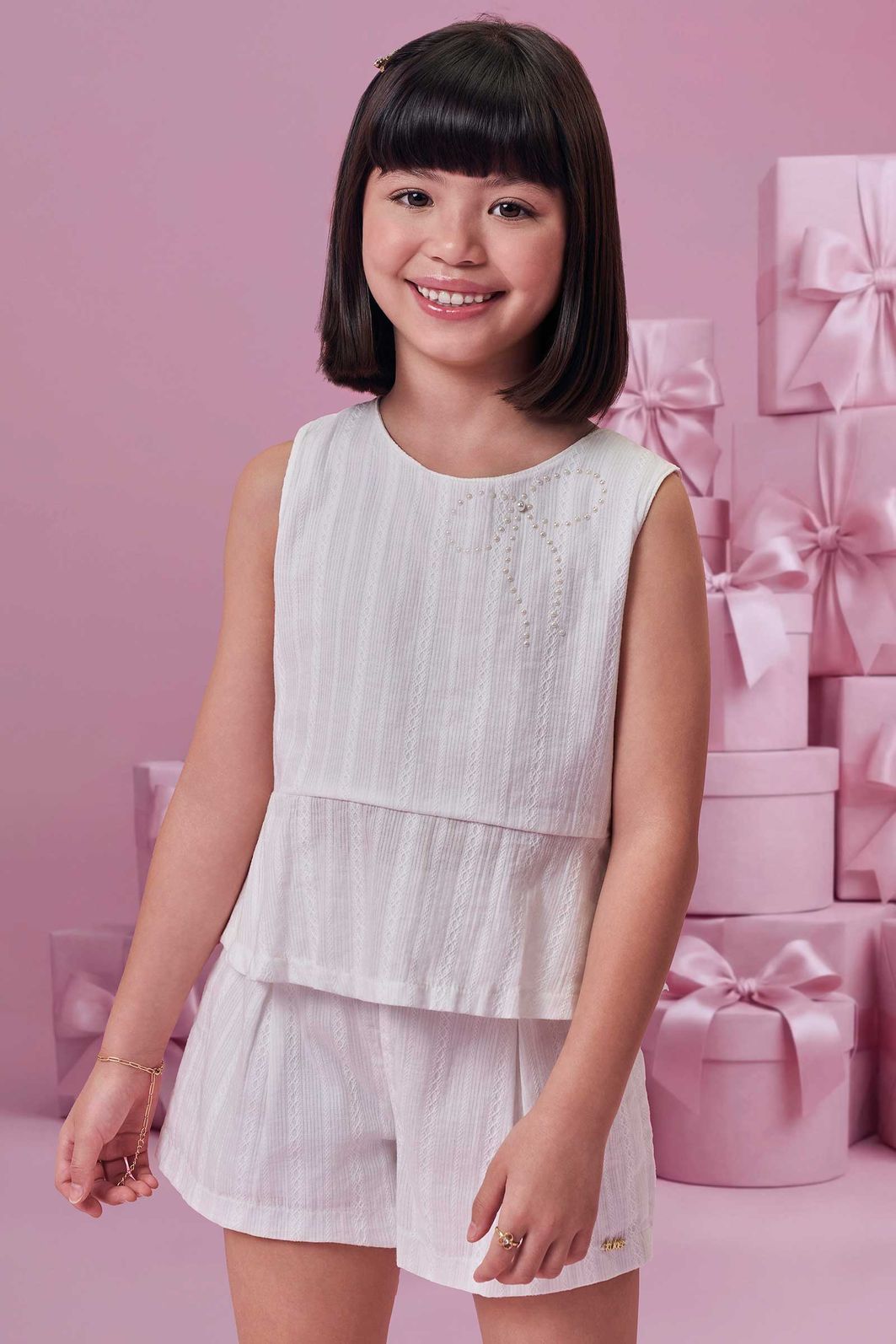 Conjunto de bata e shorts em tricoline textura listrada 100% algodão 99655 Kukiê Infantil Menina Conjunto de bata e shorts em tricoline textura listrada 100% algodão 99655 Kukiê Infantil Menina